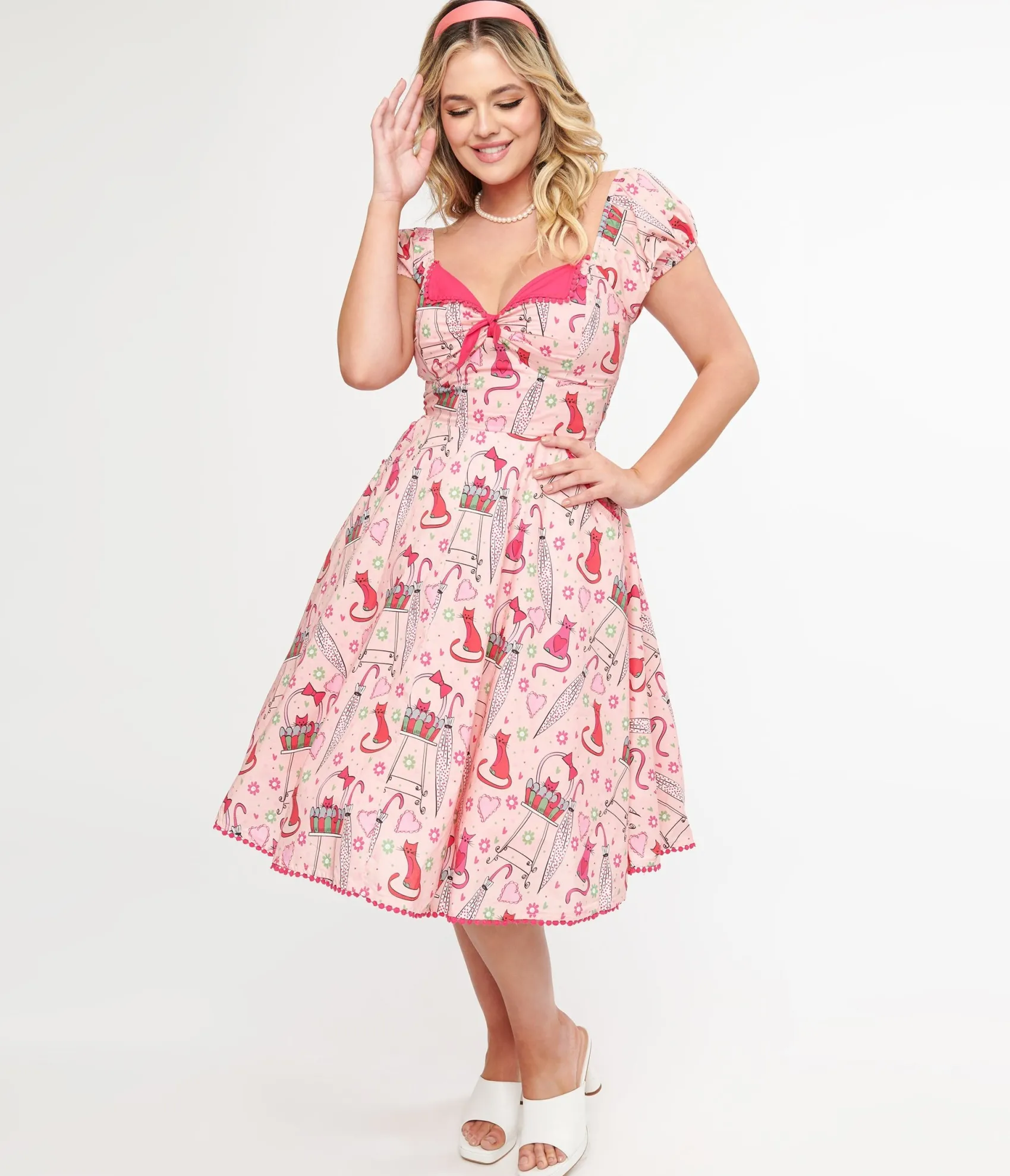 Unique Vintage 1950s Pink Caturday Print Cotton Swing Dress Cheap