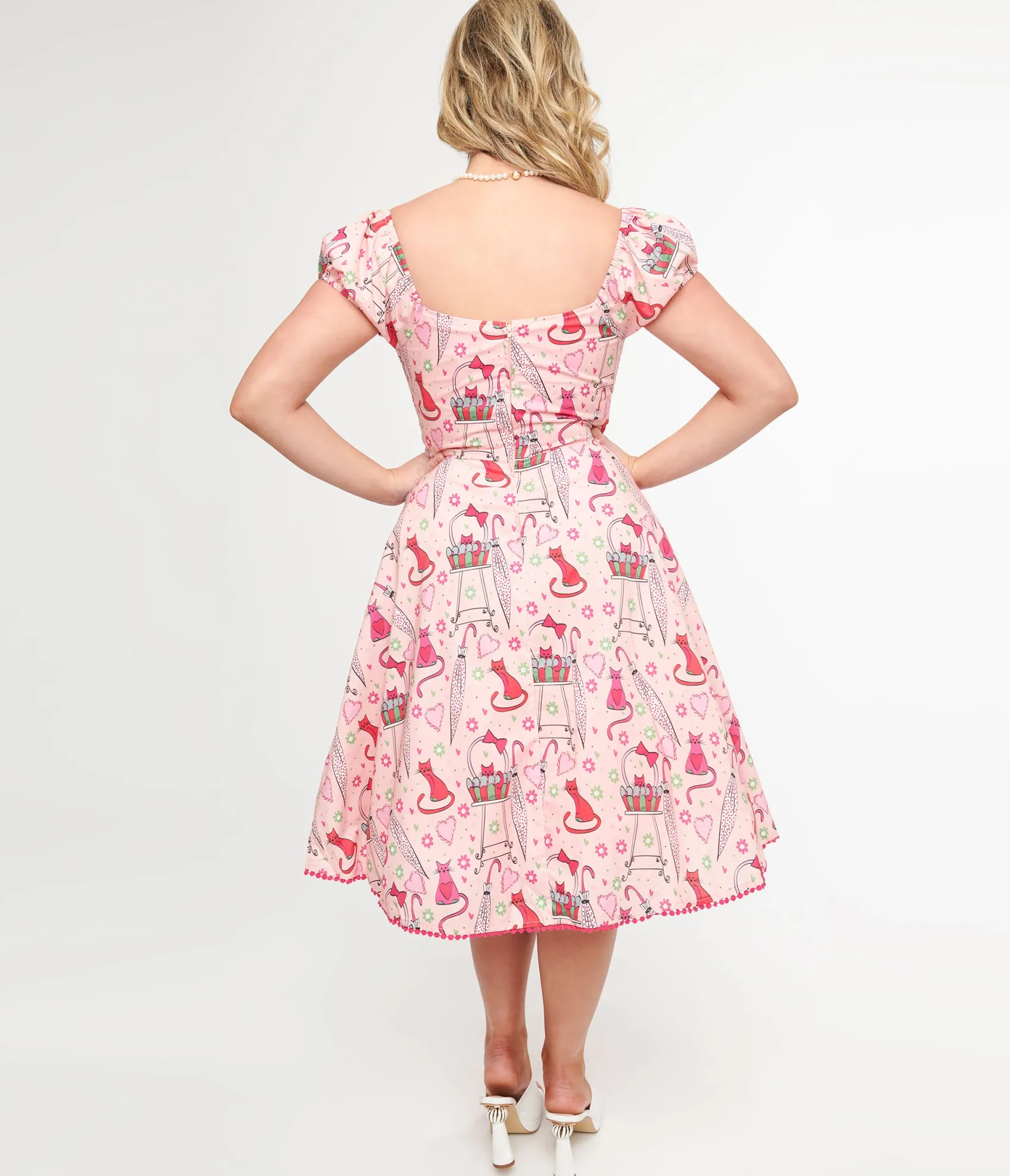 Unique Vintage 1950s Pink Caturday Print Cotton Swing Dress Cheap