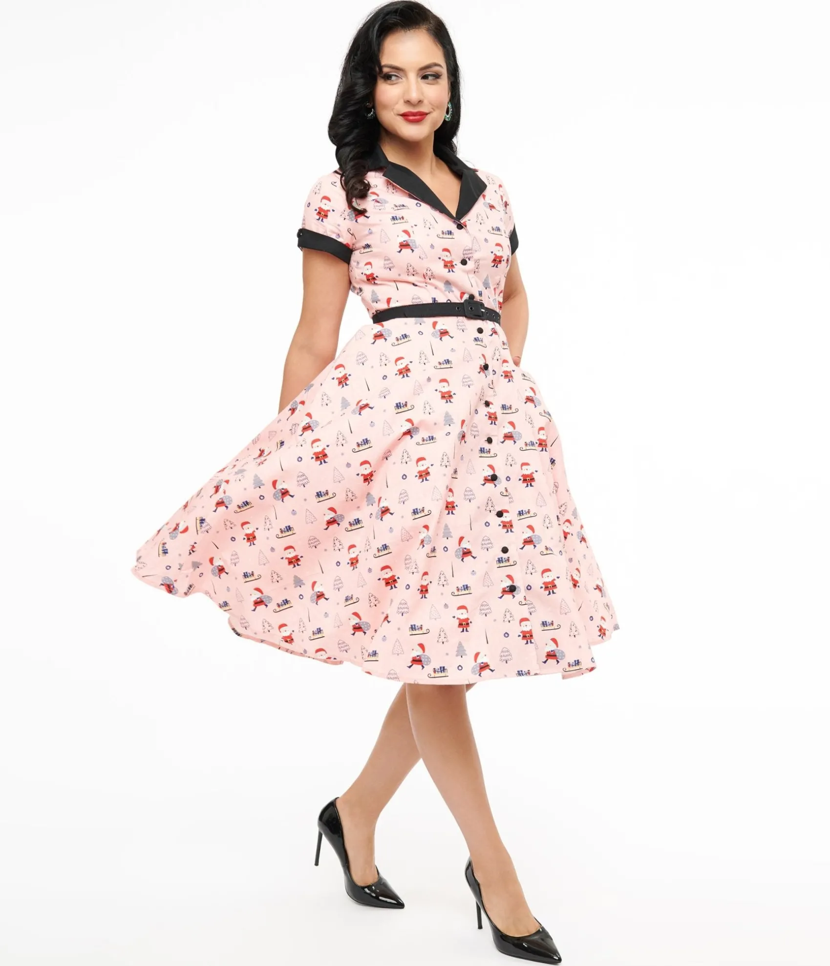 Unique Vintage 1950s Pink Santa Print Alexis Swing Dress Outlet
