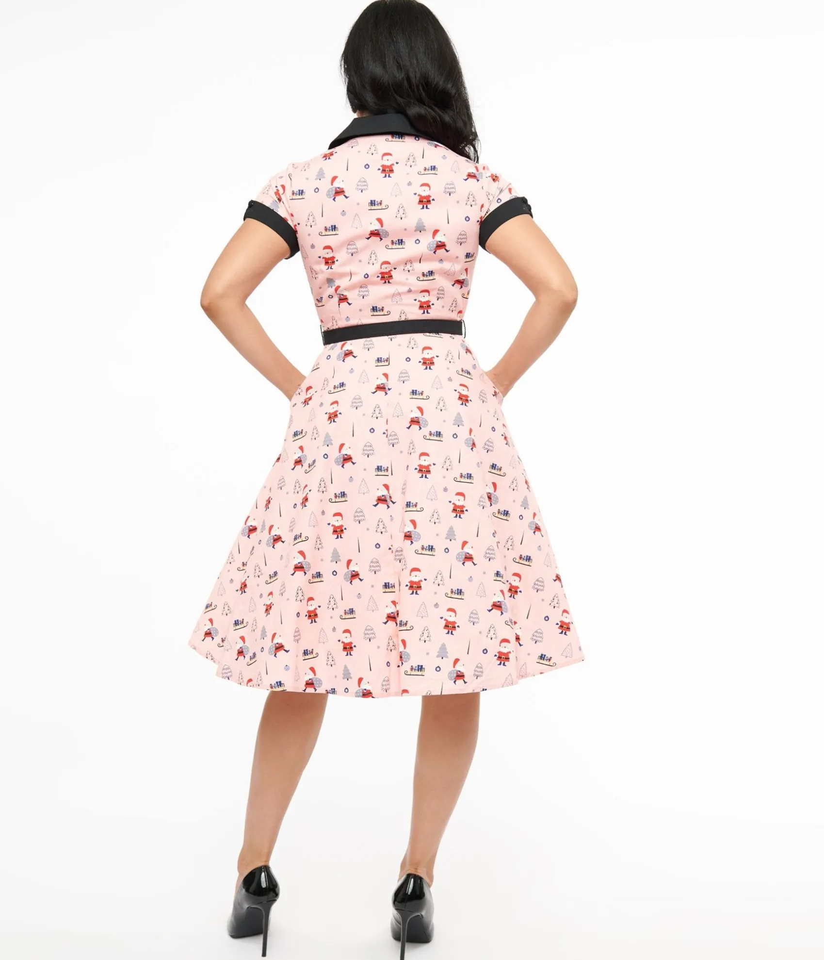 Unique Vintage 1950s Pink Santa Print Alexis Swing Dress Outlet
