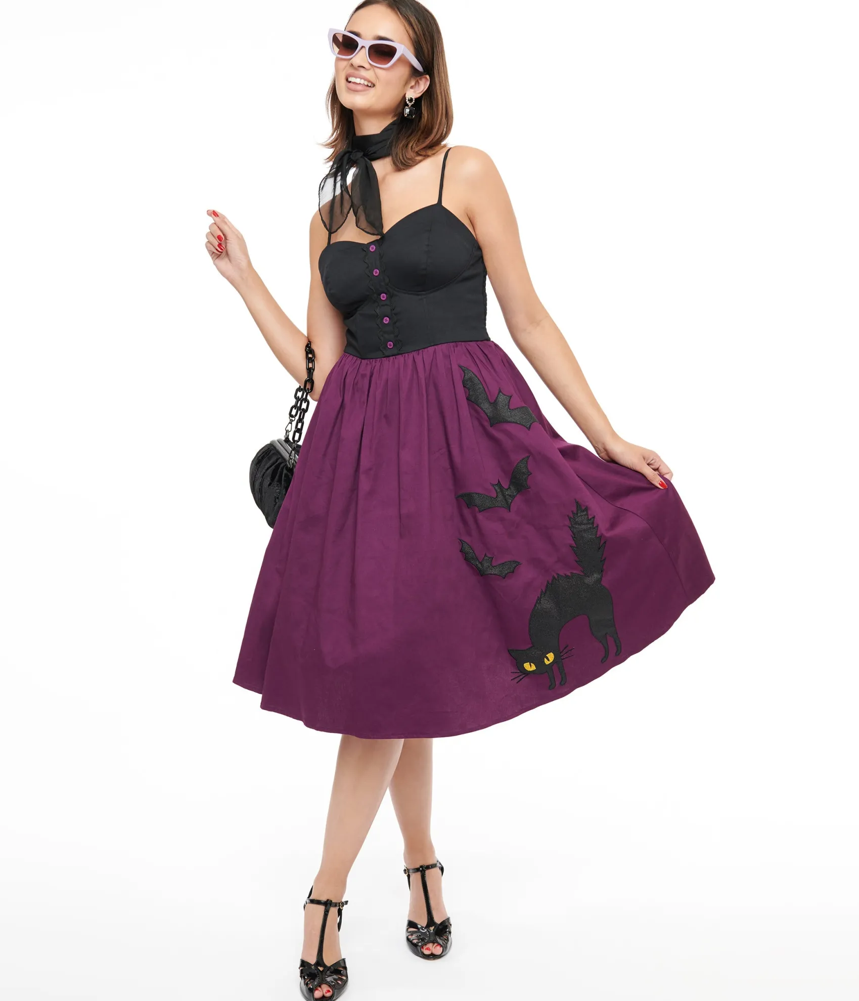Unique Vintage 1950s Purple & Black Glitter Cat Swing Dress Sale
