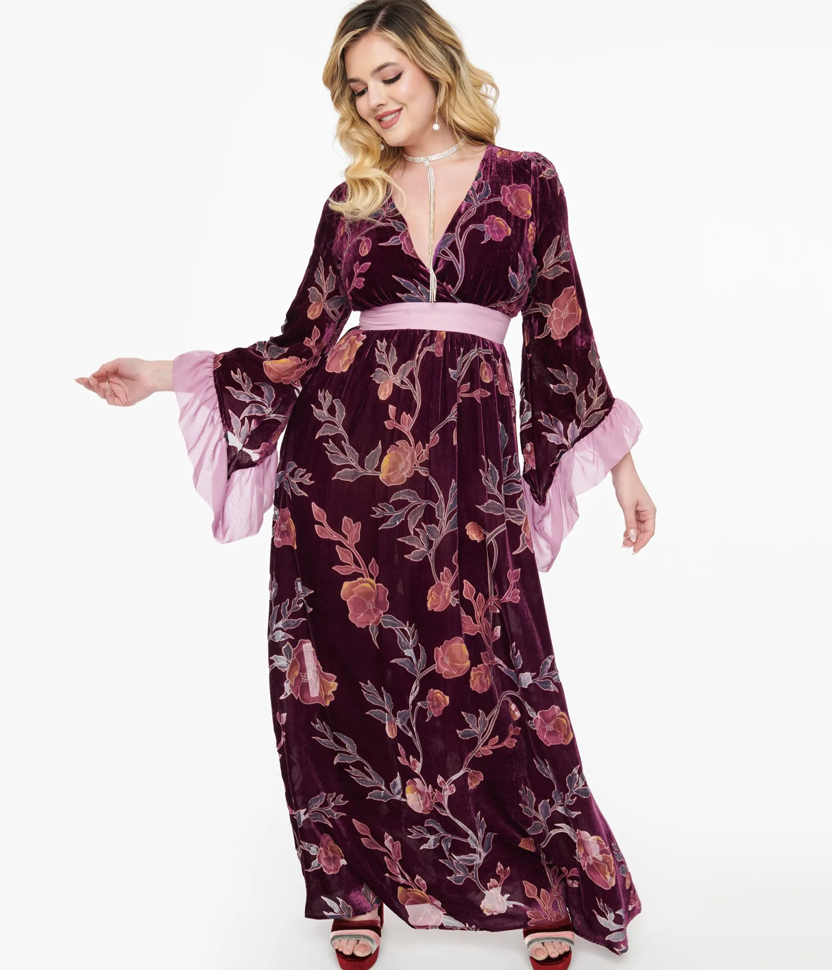 Unique Vintage 1970s Purple Floral Burnout Velvet Maxi Dress Shop