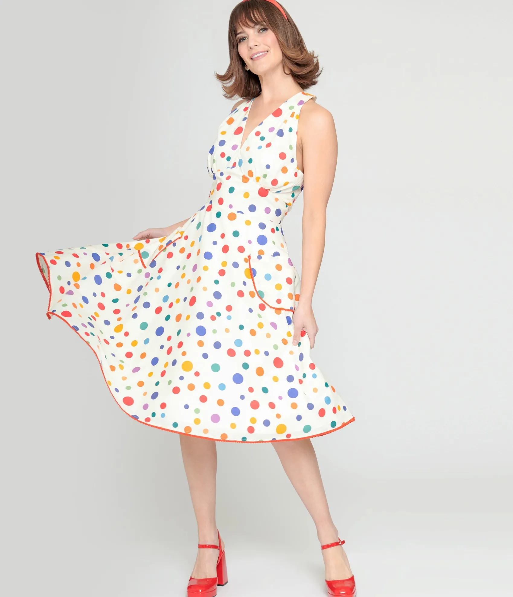 Unique Vintage 1950s Rainbow Polka Dot Cotton Halter Swing Dress Discount