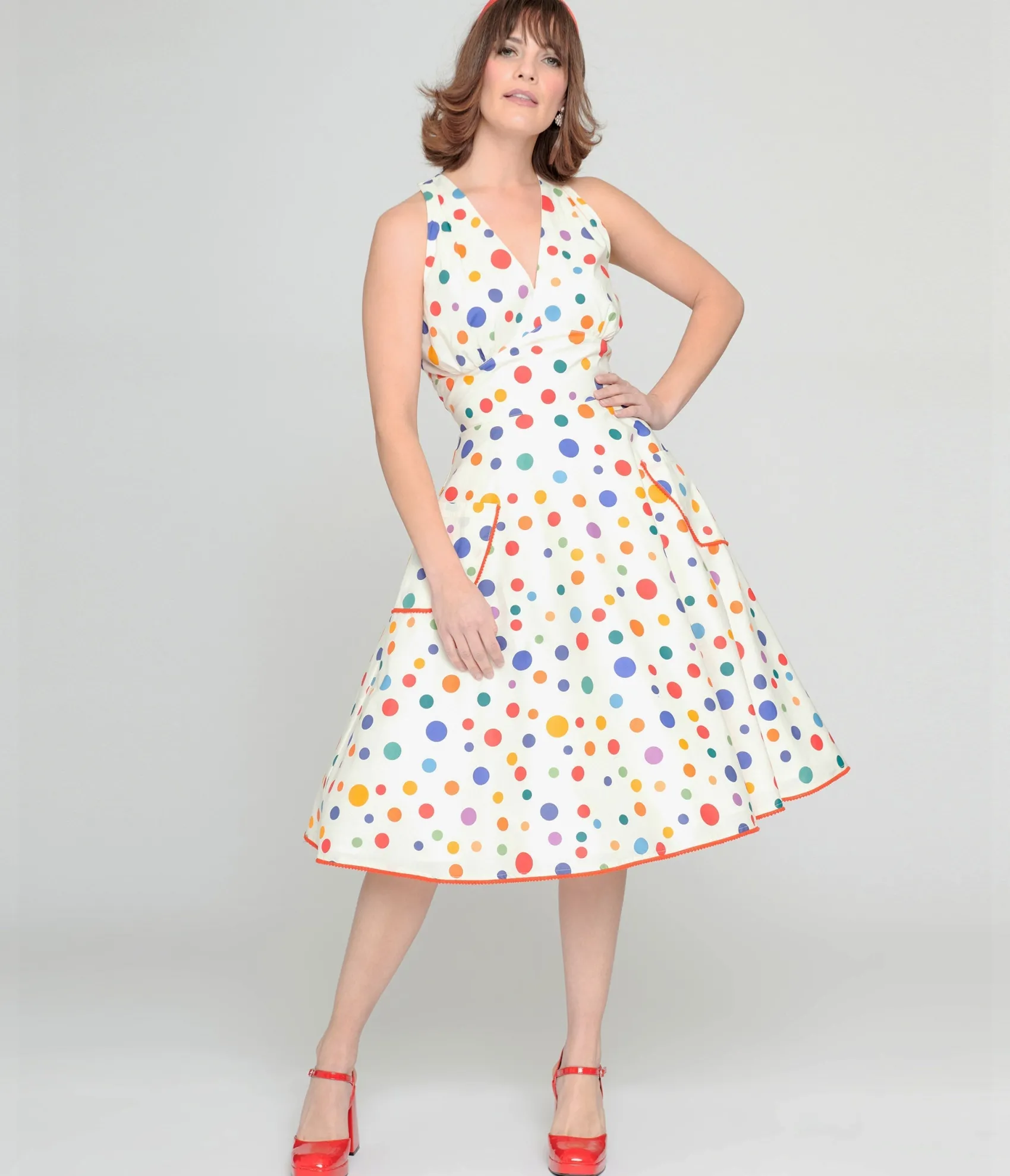Unique Vintage 1950s Rainbow Polka Dot Cotton Halter Swing Dress Discount