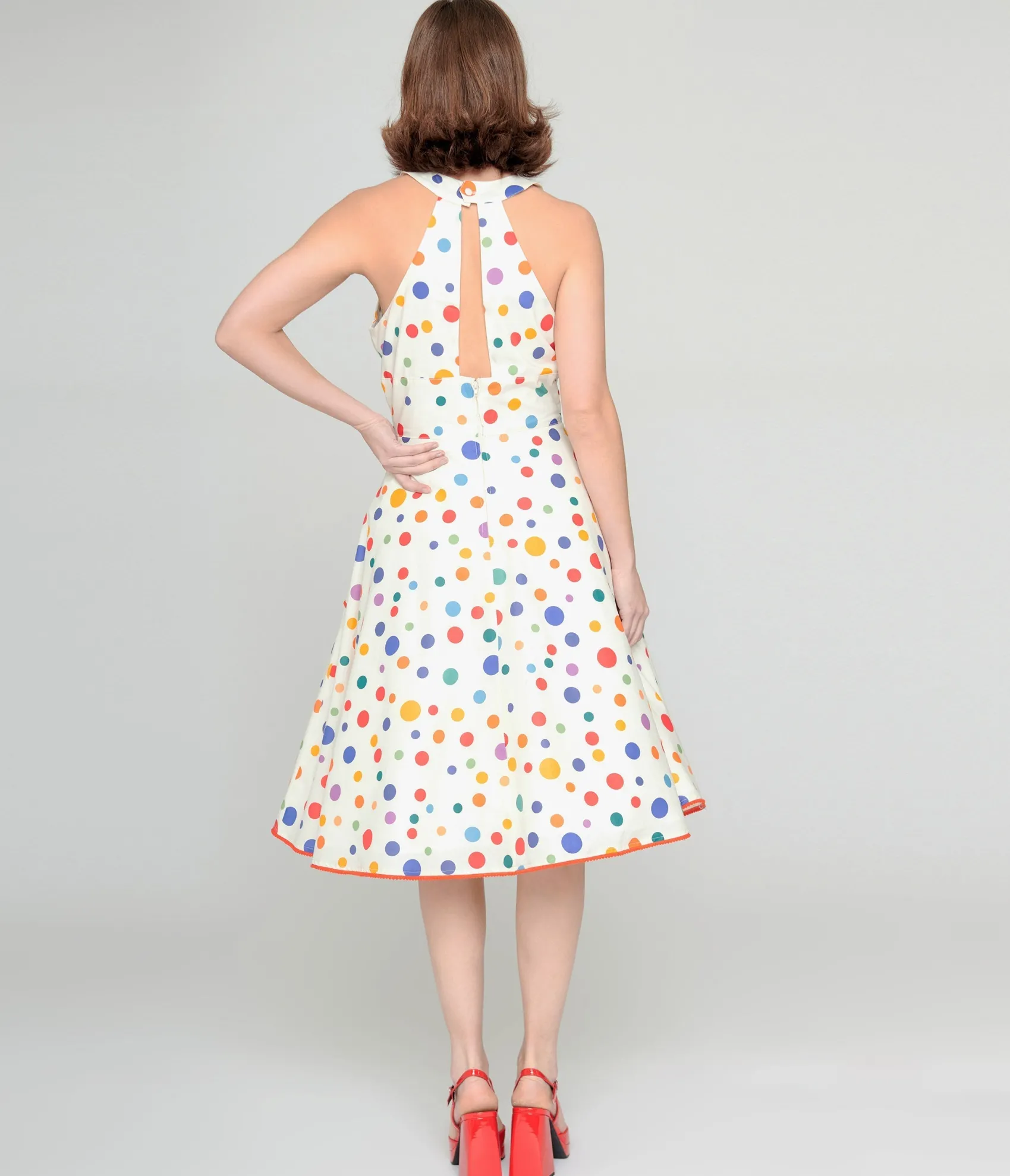 Unique Vintage 1950s Rainbow Polka Dot Cotton Halter Swing Dress Discount