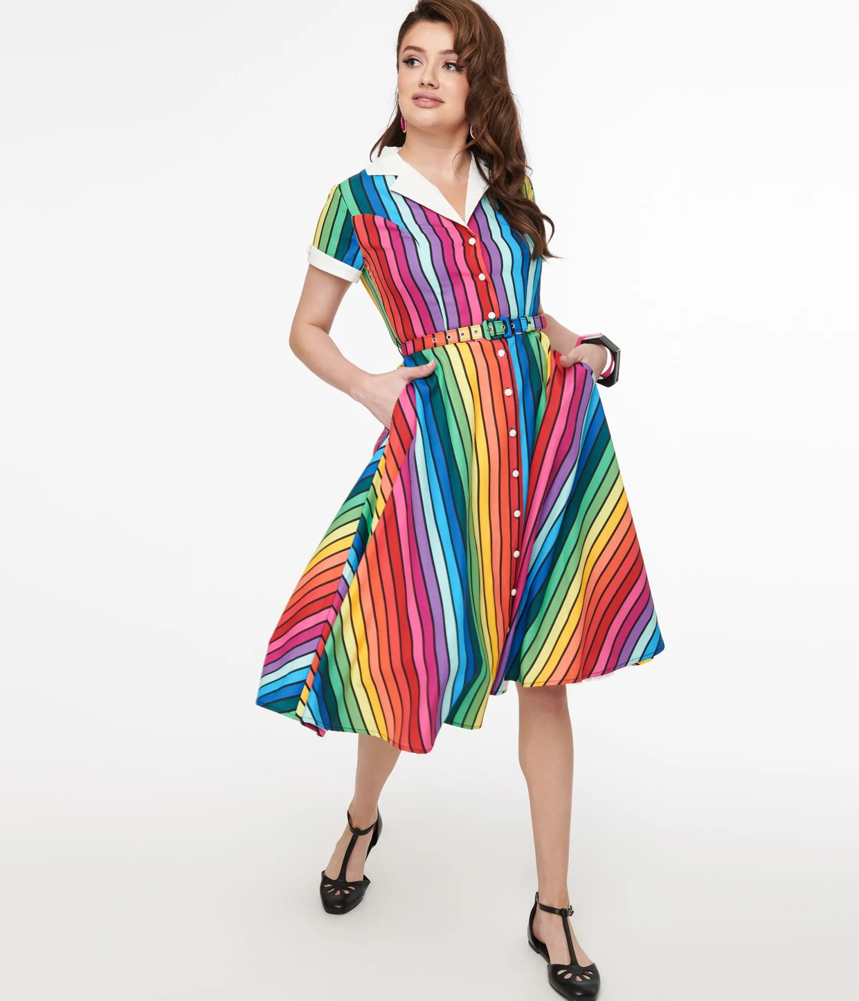 Unique Vintage 1950s Rainbow Stripe Pride Alexis Swing Dress Store