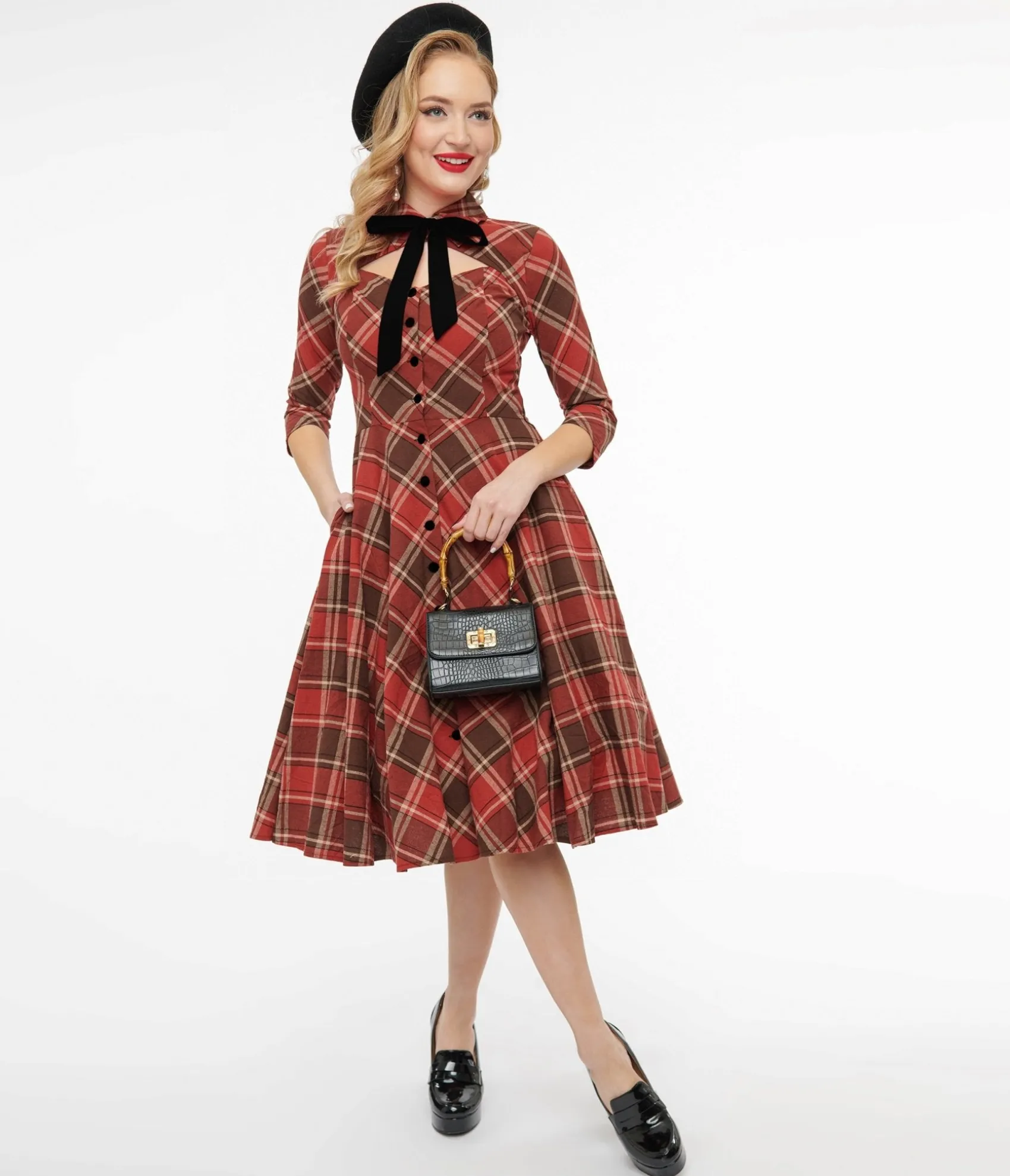 Unique Vintage 1950s Red & Brown Bias Plaid Swing Dress Shop