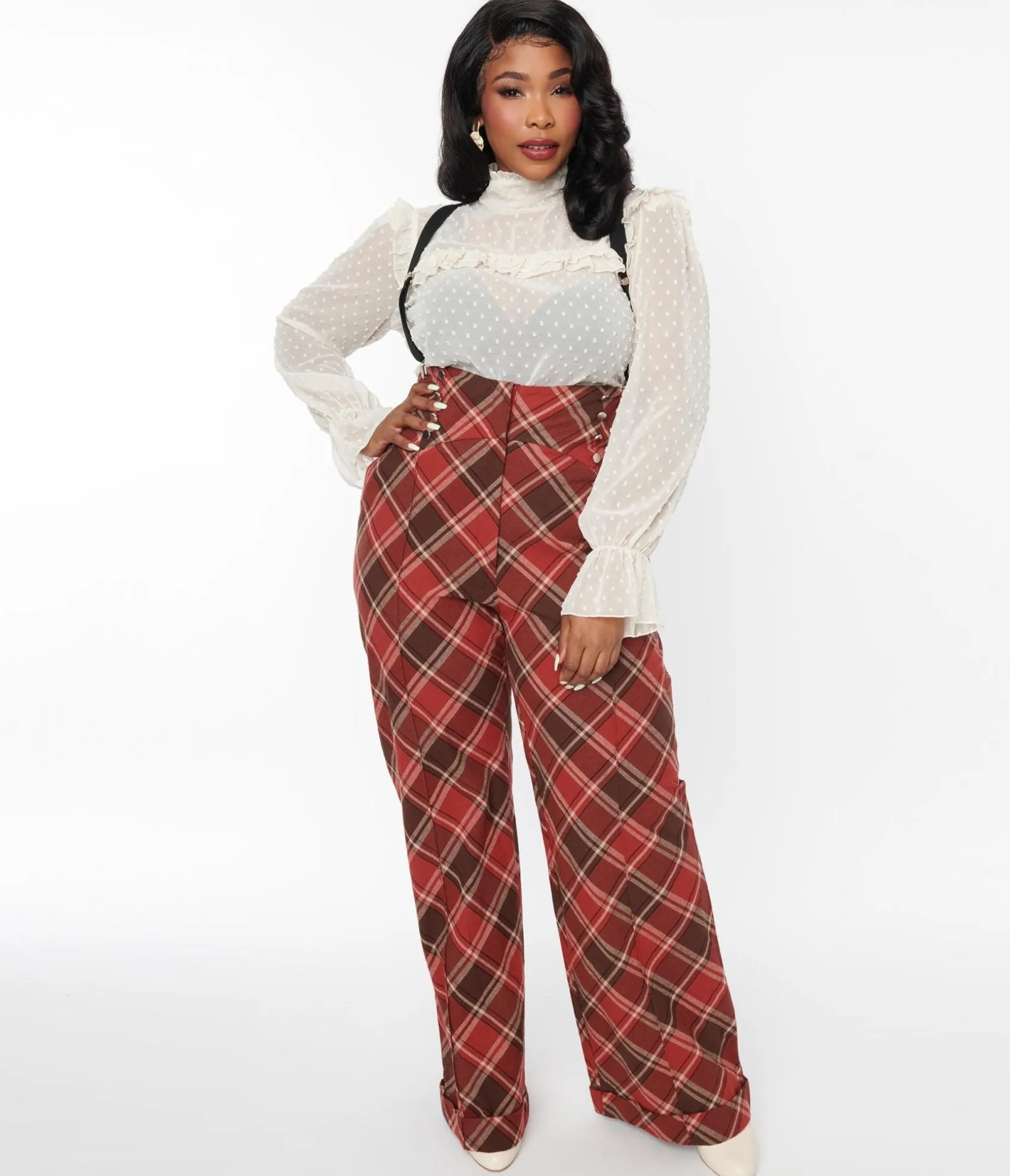 Unique Vintage 1940s Red & Brown Plaid Wide Leg Suspender Pants Store