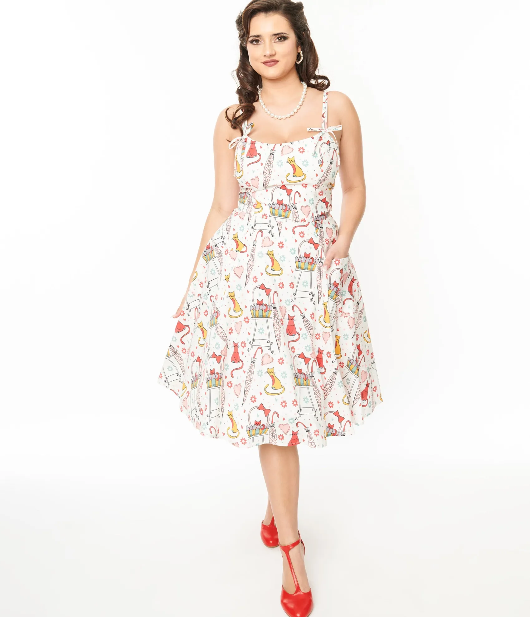Unique Vintage 1950s Red & Yellow Cat Print Cotton Bobbie Swing Dress Discount