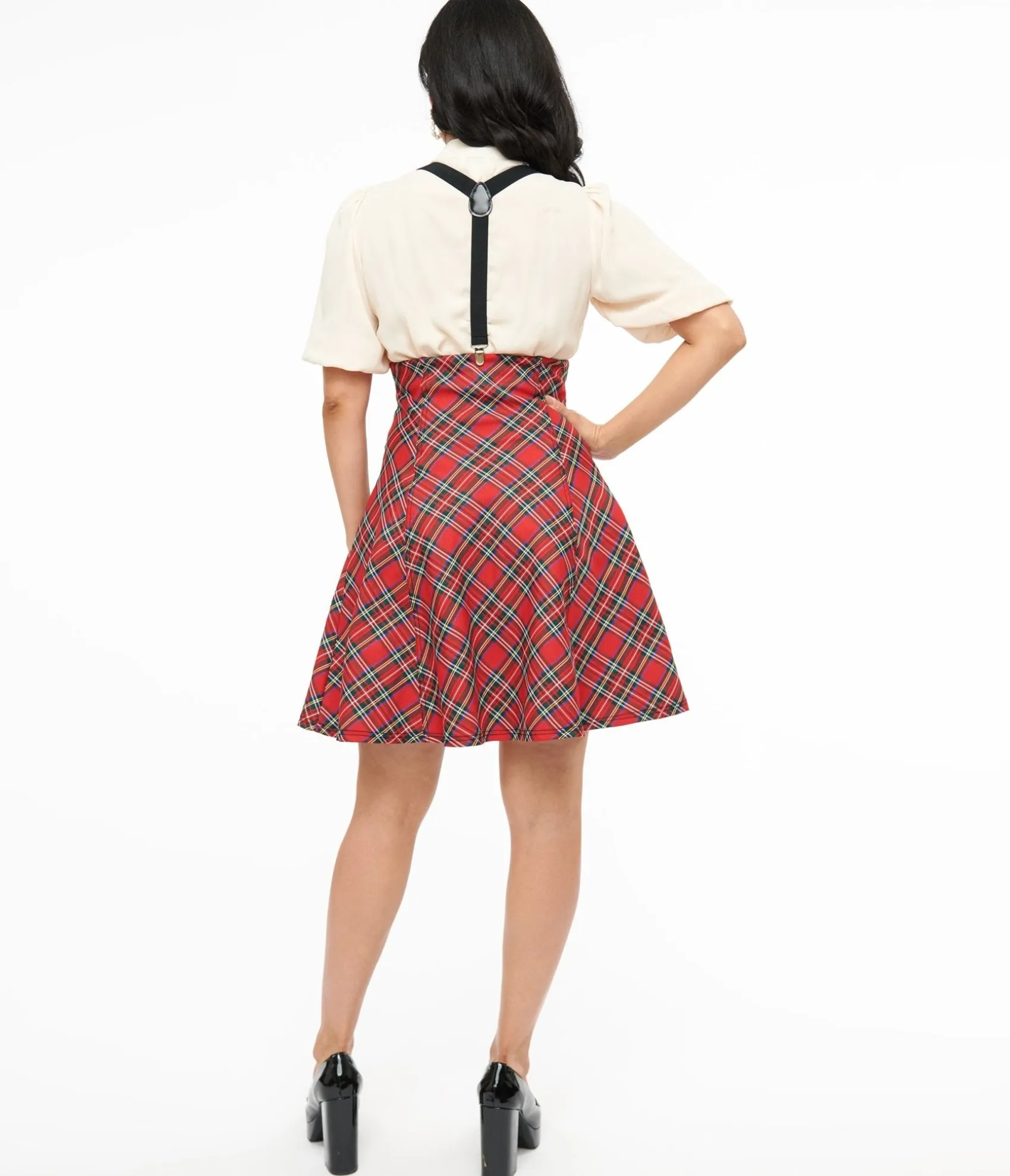 Unique Vintage 1950s Red Bias Plaid Suspender Flare Skirt Discount