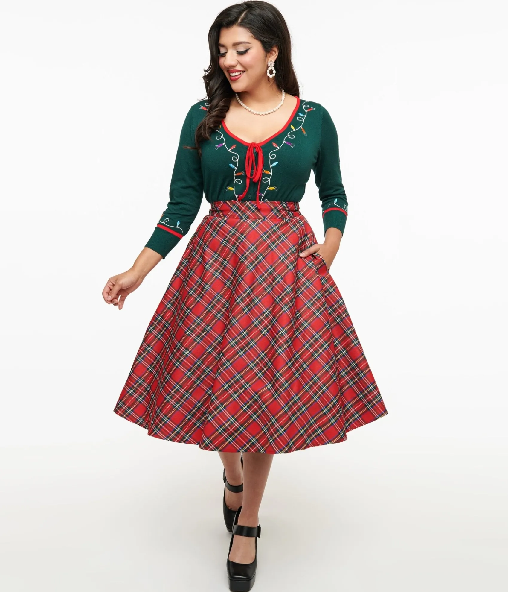 Unique Vintage 1950s Red Plaid High Waist Vivien Swing Skirt Flash Sale