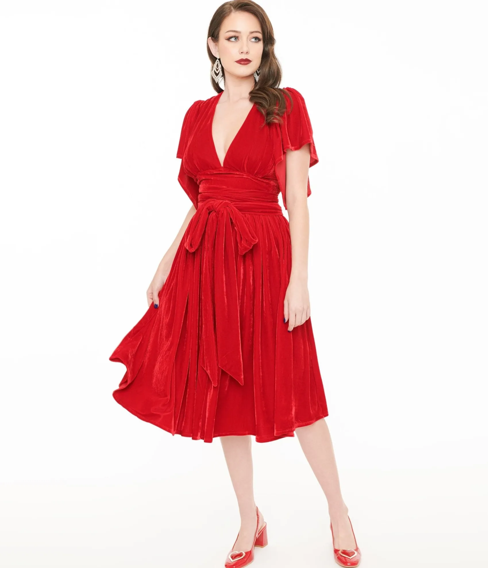 Unique Vintage 1940s Red Velvet Flutter Sleeve Swing Dress Sale