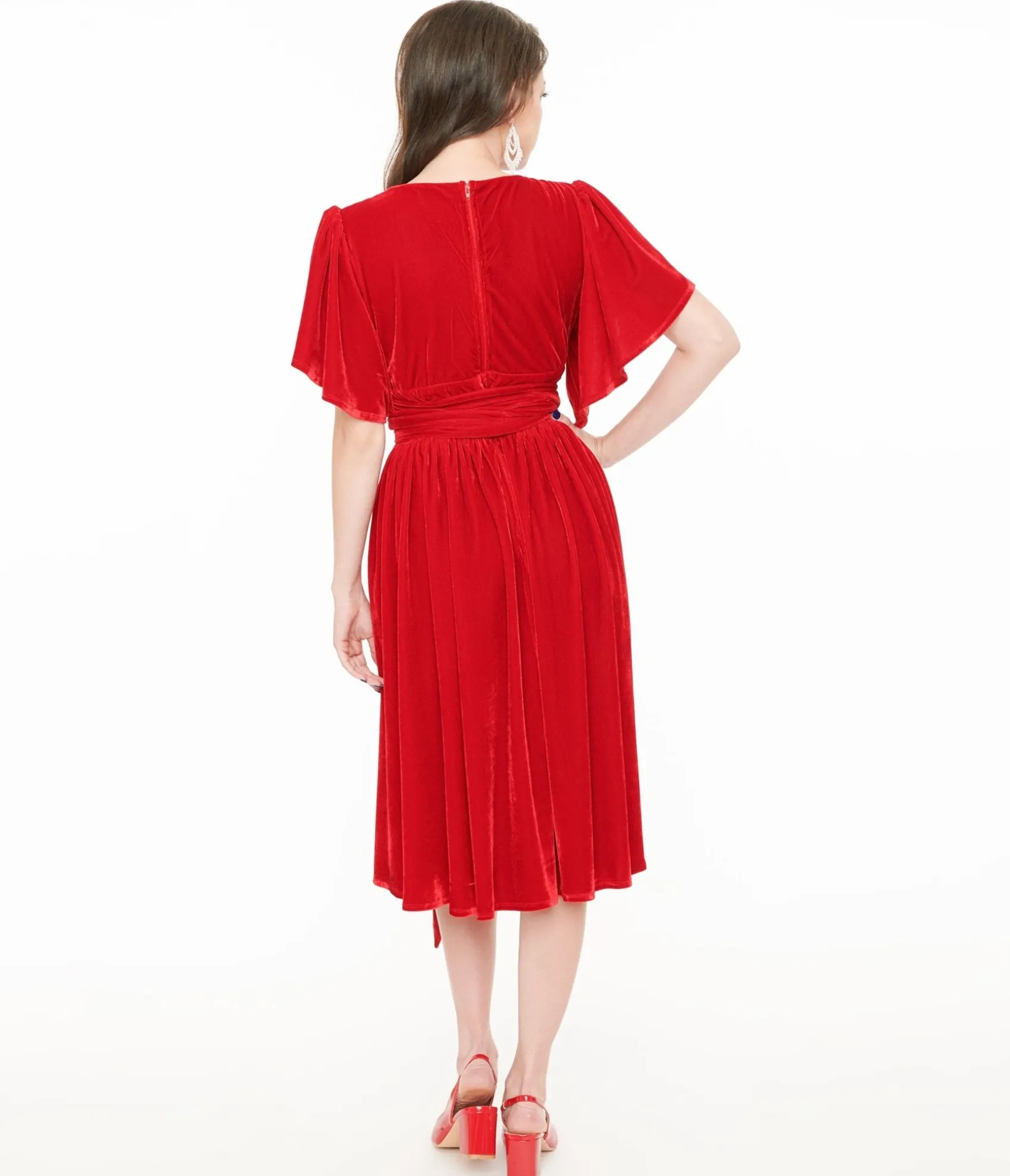 Unique Vintage 1940s Red Velvet Flutter Sleeve Swing Dress Sale