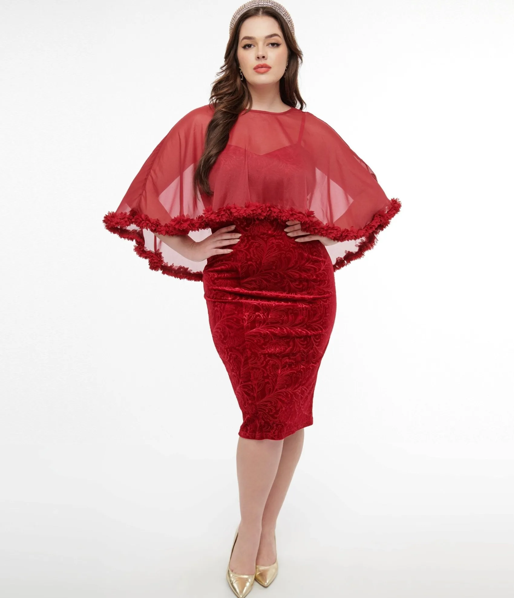 Unique Vintage 1960s Red Velvet Ruffle Capelet Wiggle Dress Best