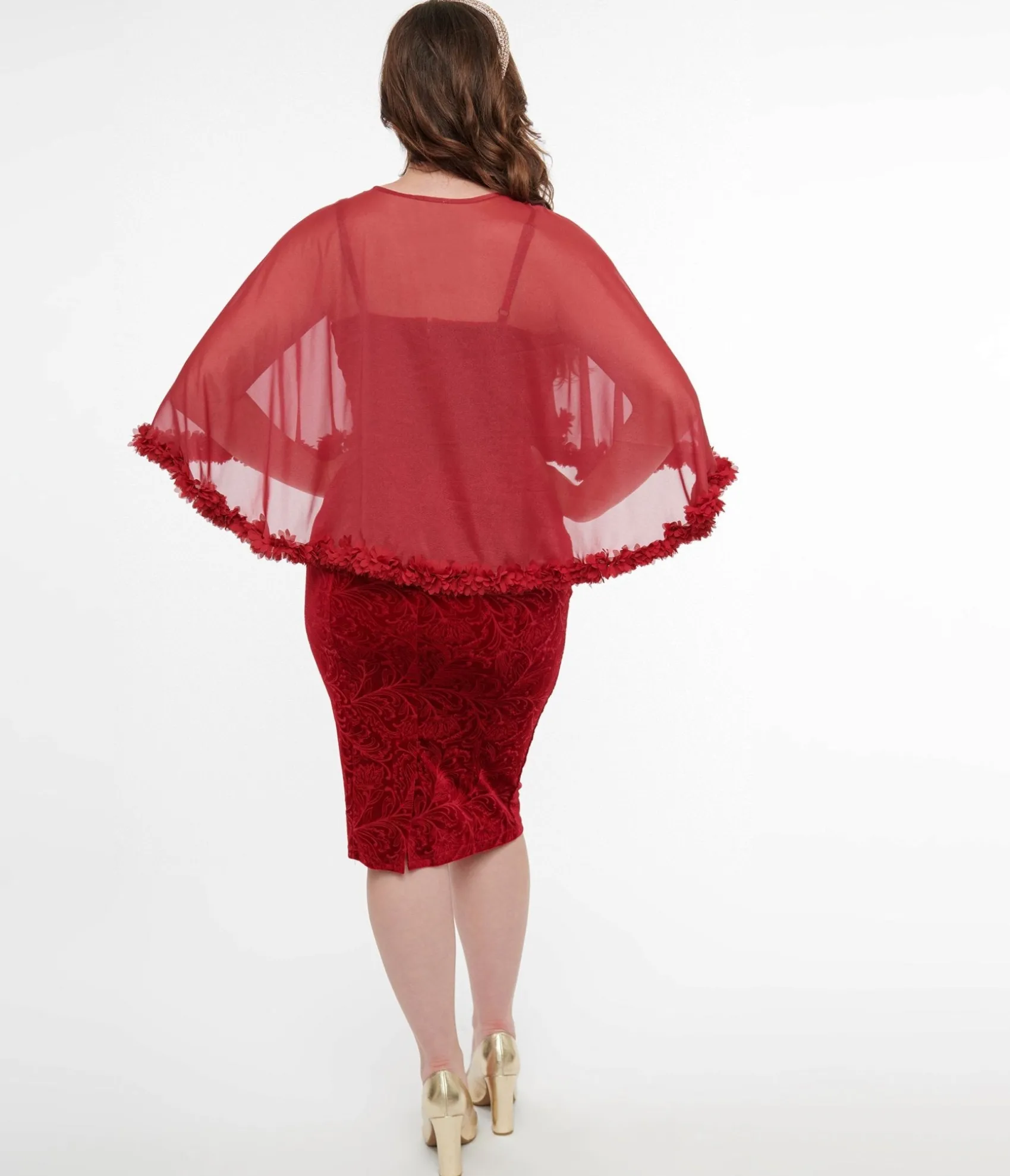 Unique Vintage 1960s Red Velvet Ruffle Capelet Wiggle Dress Best