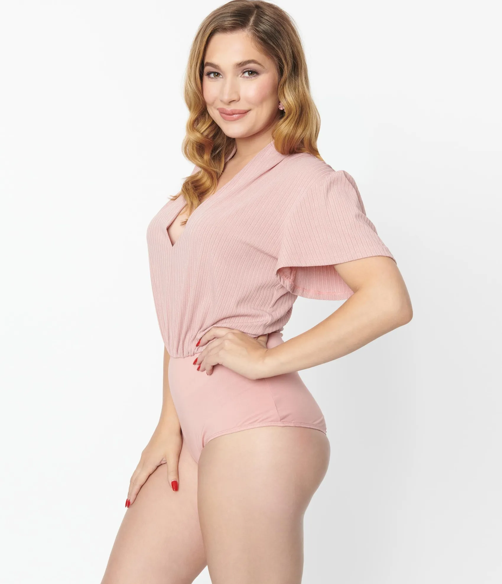 Unique Vintage 1970s Rose Pink Pointelle Flutter Sleeve Bodysuit Clearance