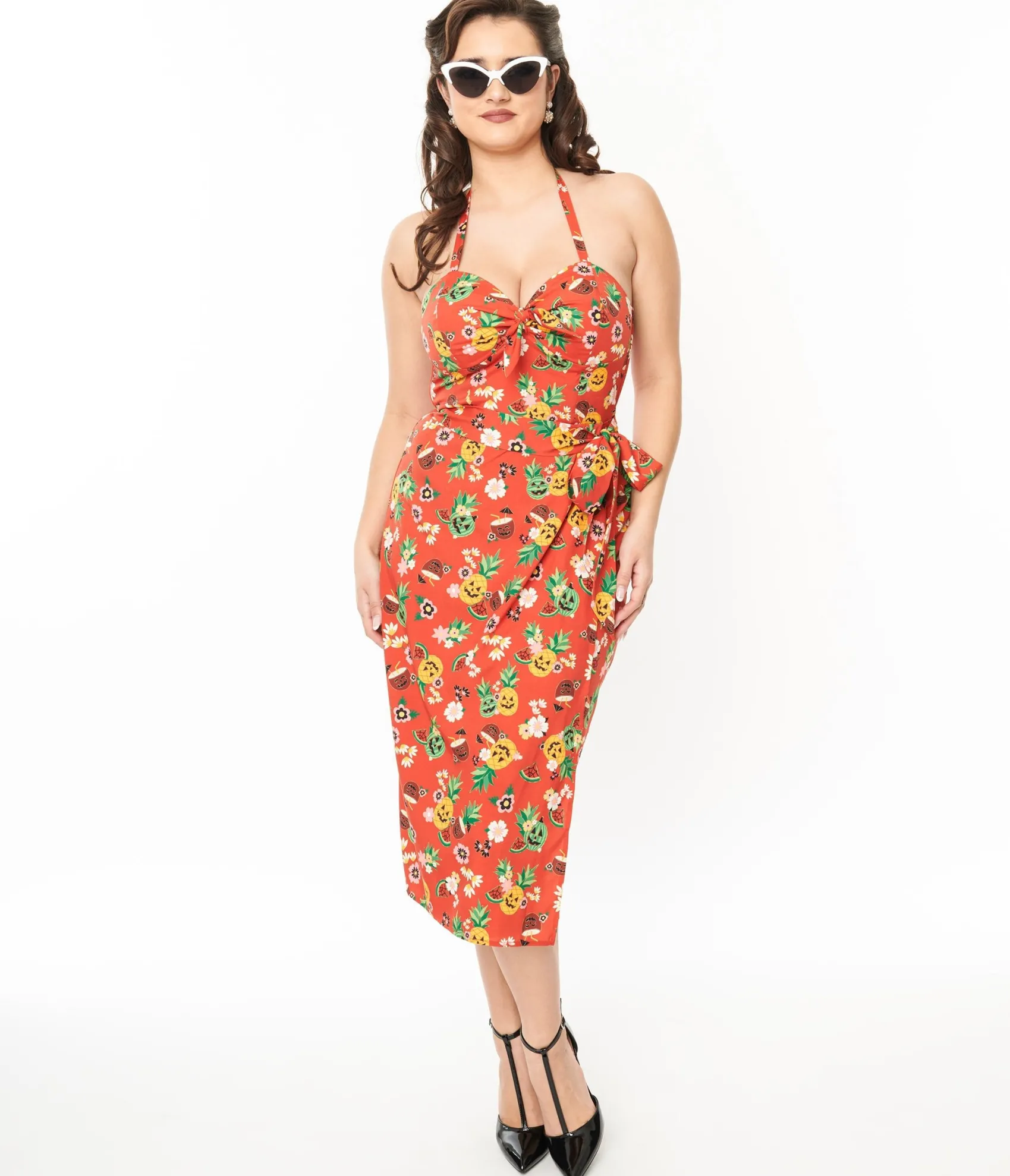 Unique Vintage 1950s Rust & June-O-Ween Fruit Print Leilani Sarong Dress Store