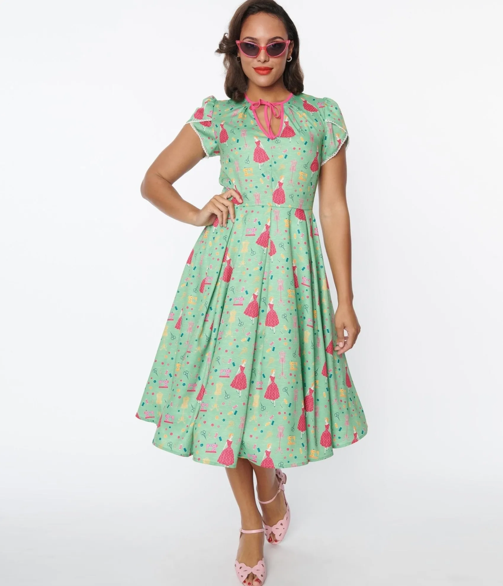 Unique Vintage 1940s Sage & Retro Sewing Print Dahlia Swing Dress Outlet