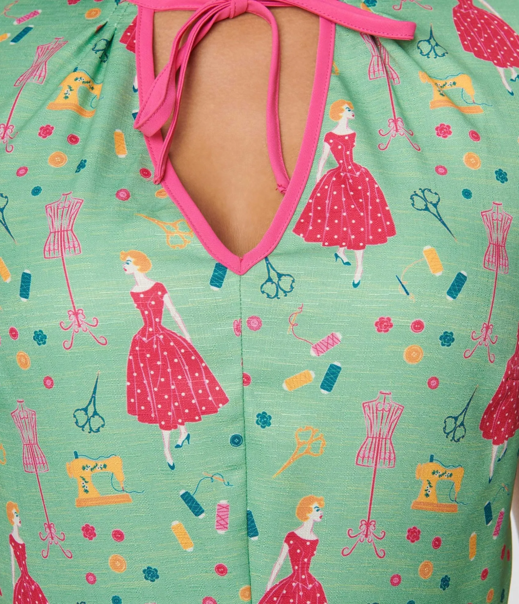 Unique Vintage 1940s Sage & Retro Sewing Print Dahlia Swing Dress Outlet