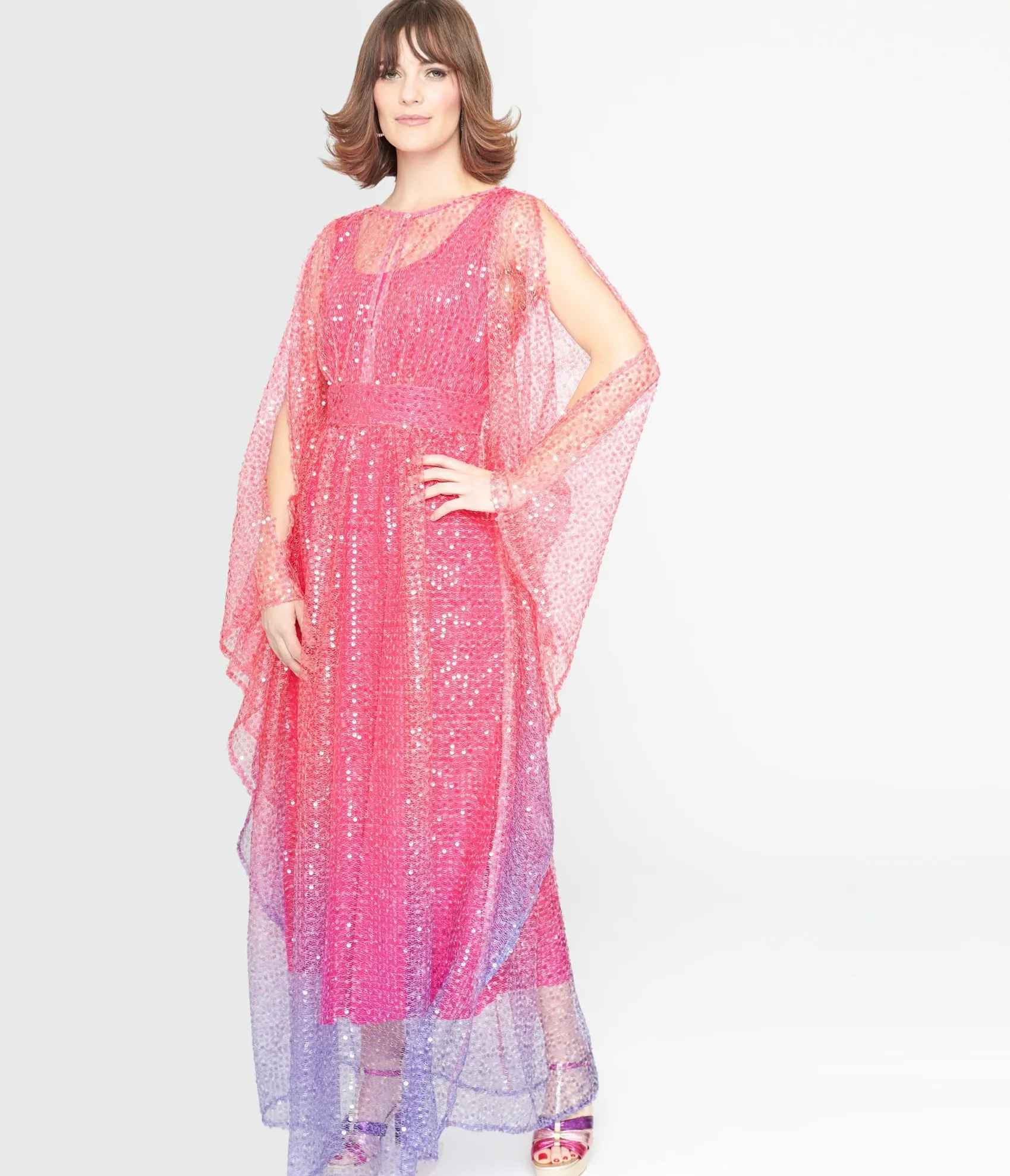 Unique Vintage 1970s Sheer Pink & Purple Ombre Sequin Flutter Sleeve Caftan New