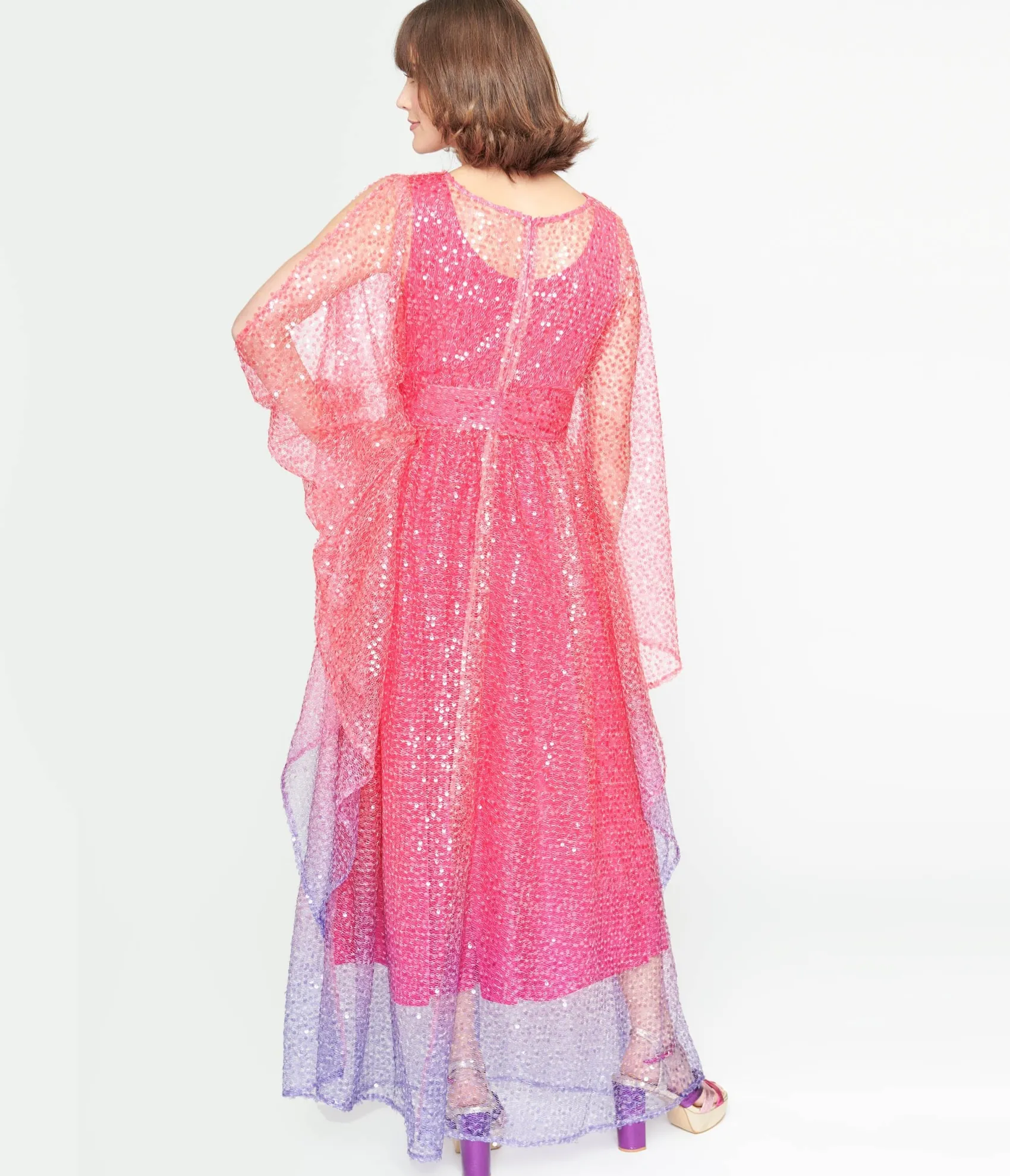 Unique Vintage 1970s Sheer Pink & Purple Ombre Sequin Flutter Sleeve Caftan New