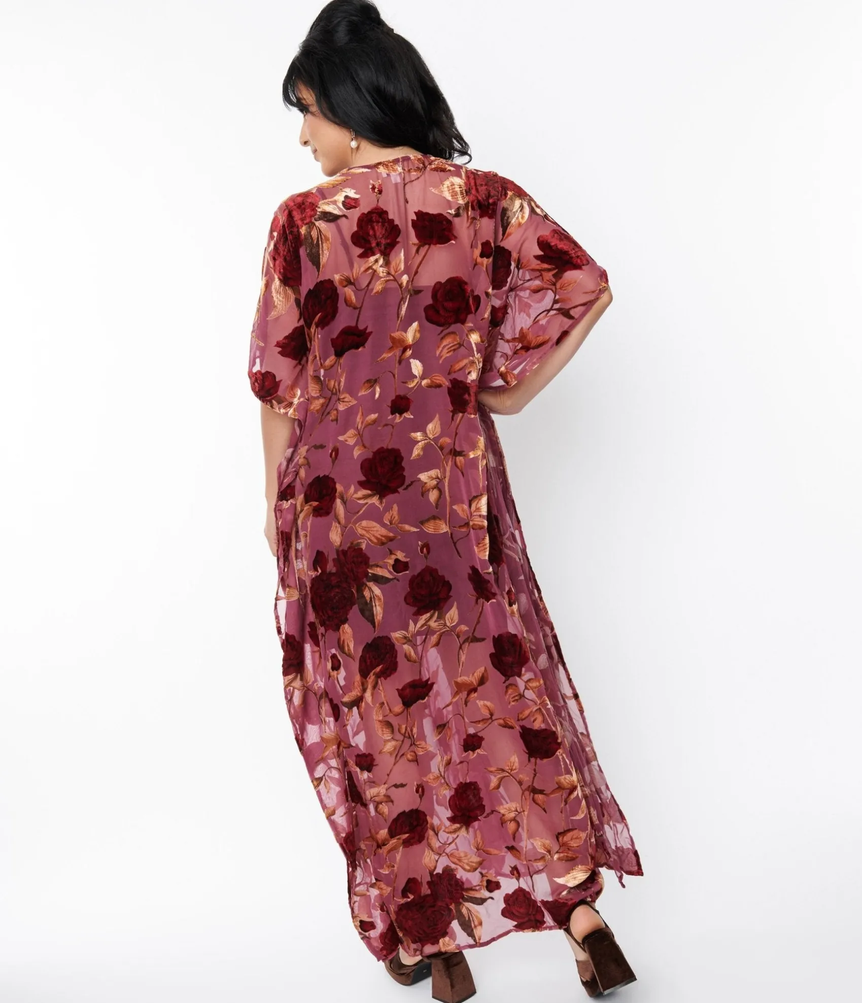 Unique Vintage 1970s Sheer Red Rose Velvet Burnout Bow Front Caftan Discount