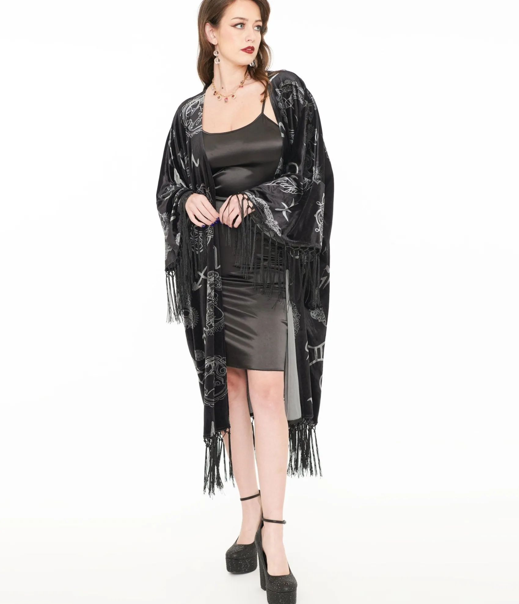 Unique Vintage 1920s Silver & Black Velvet Zodiac Fringe Kimono New