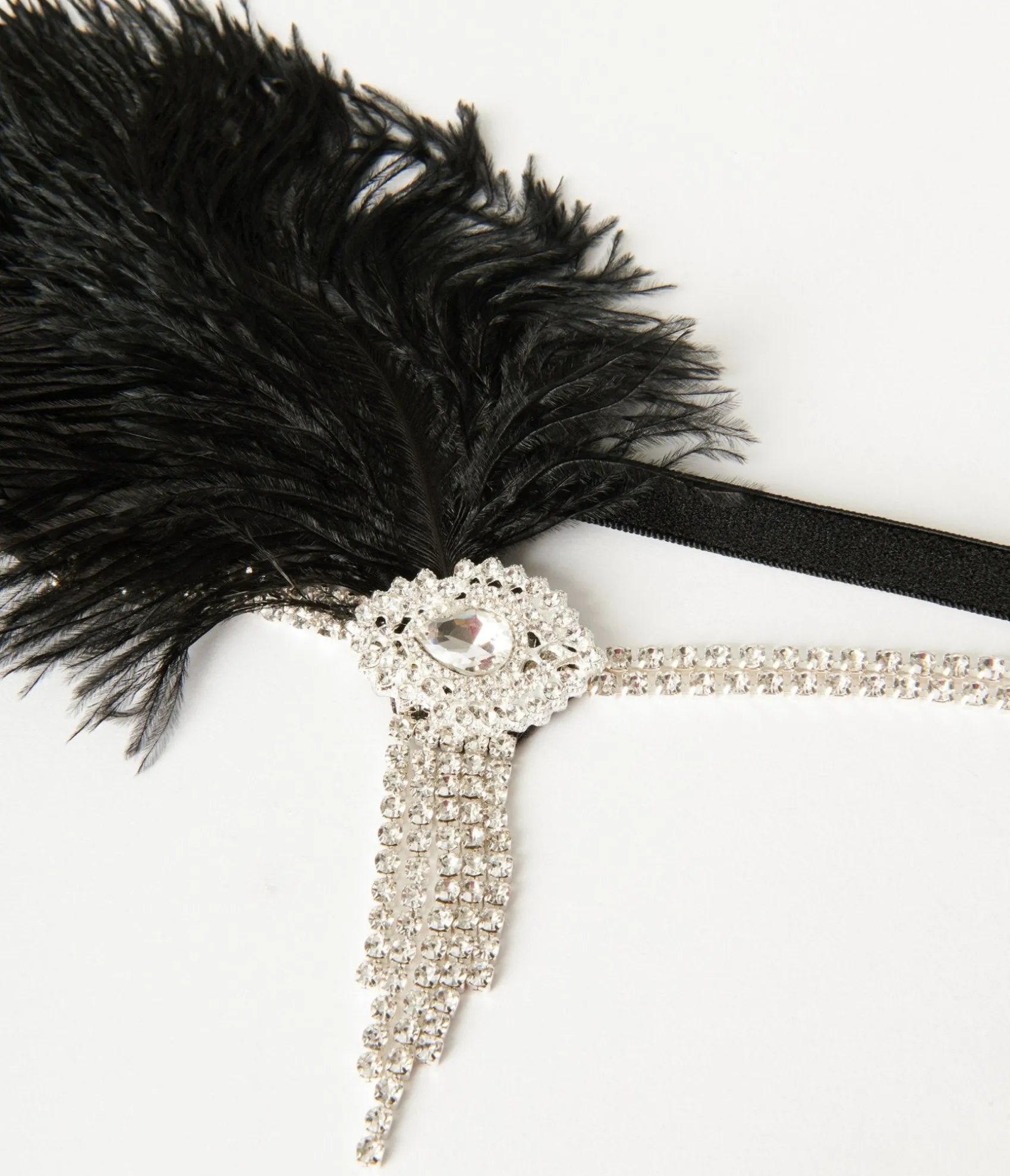 Unique Vintage 1920s Silver Rhinestone & Black Feather Headband Cheap