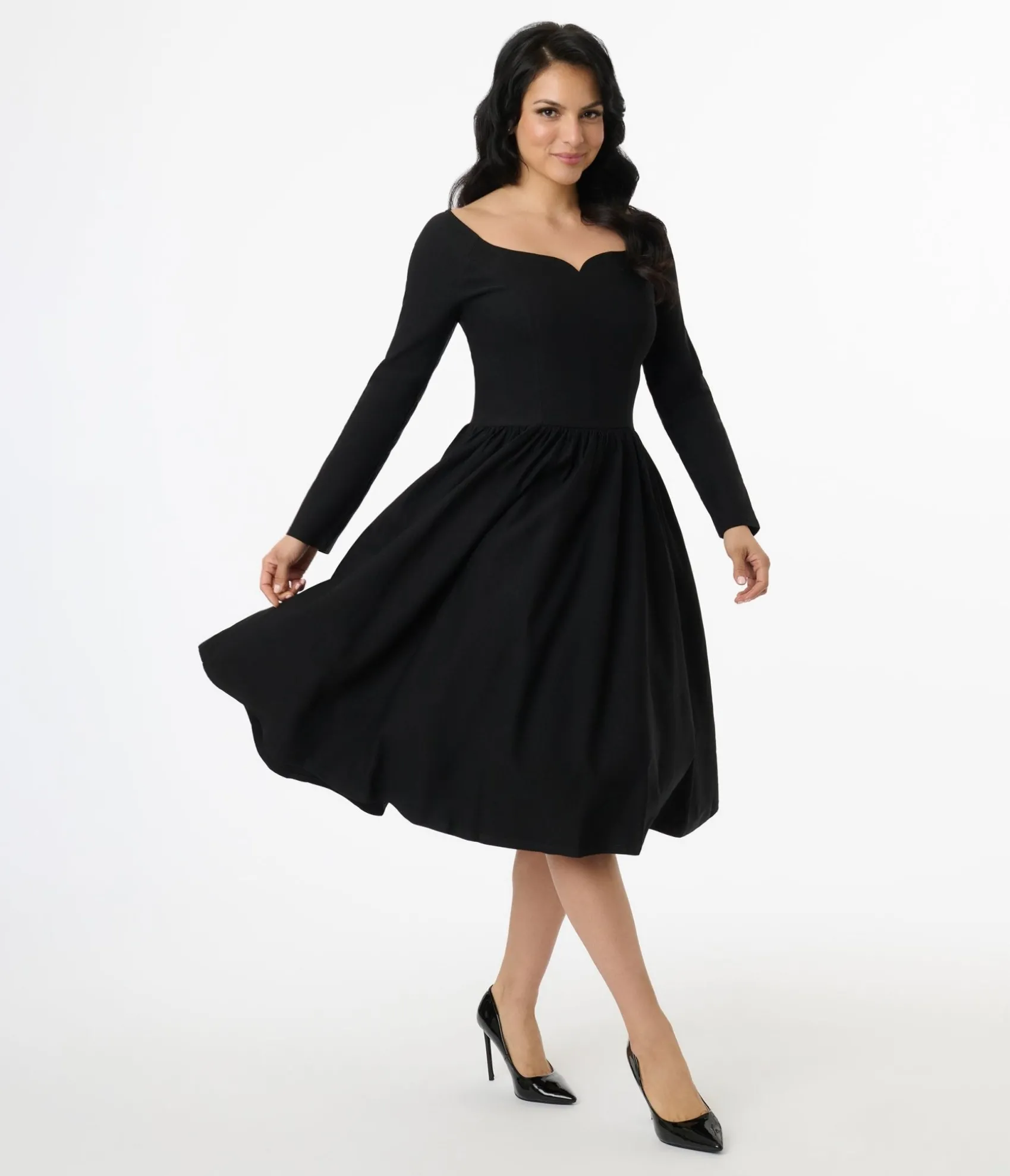 Unique Vintage 1950s Solid Black Sweetheart Swing Dress Clearance