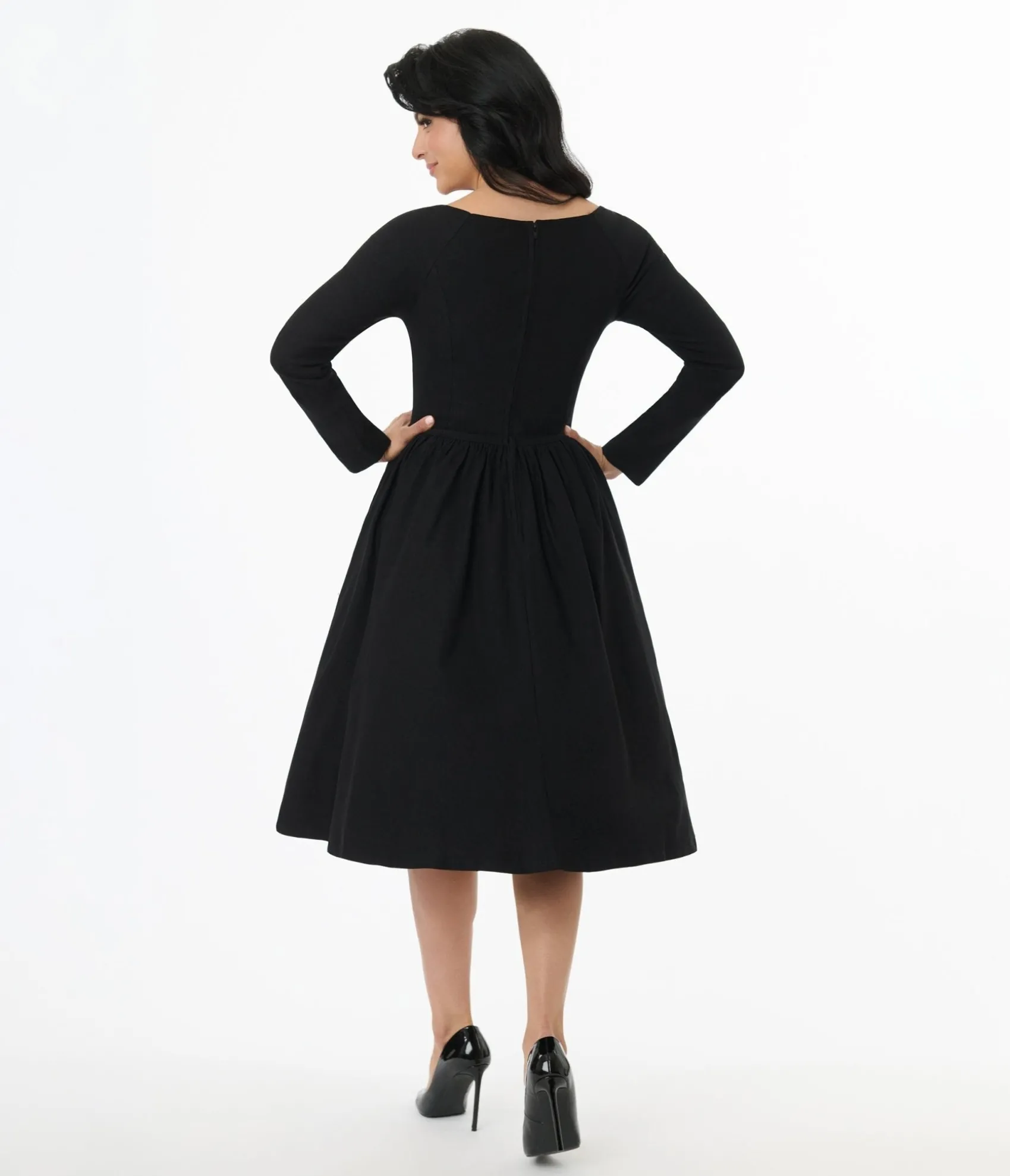 Unique Vintage 1950s Solid Black Sweetheart Swing Dress Clearance