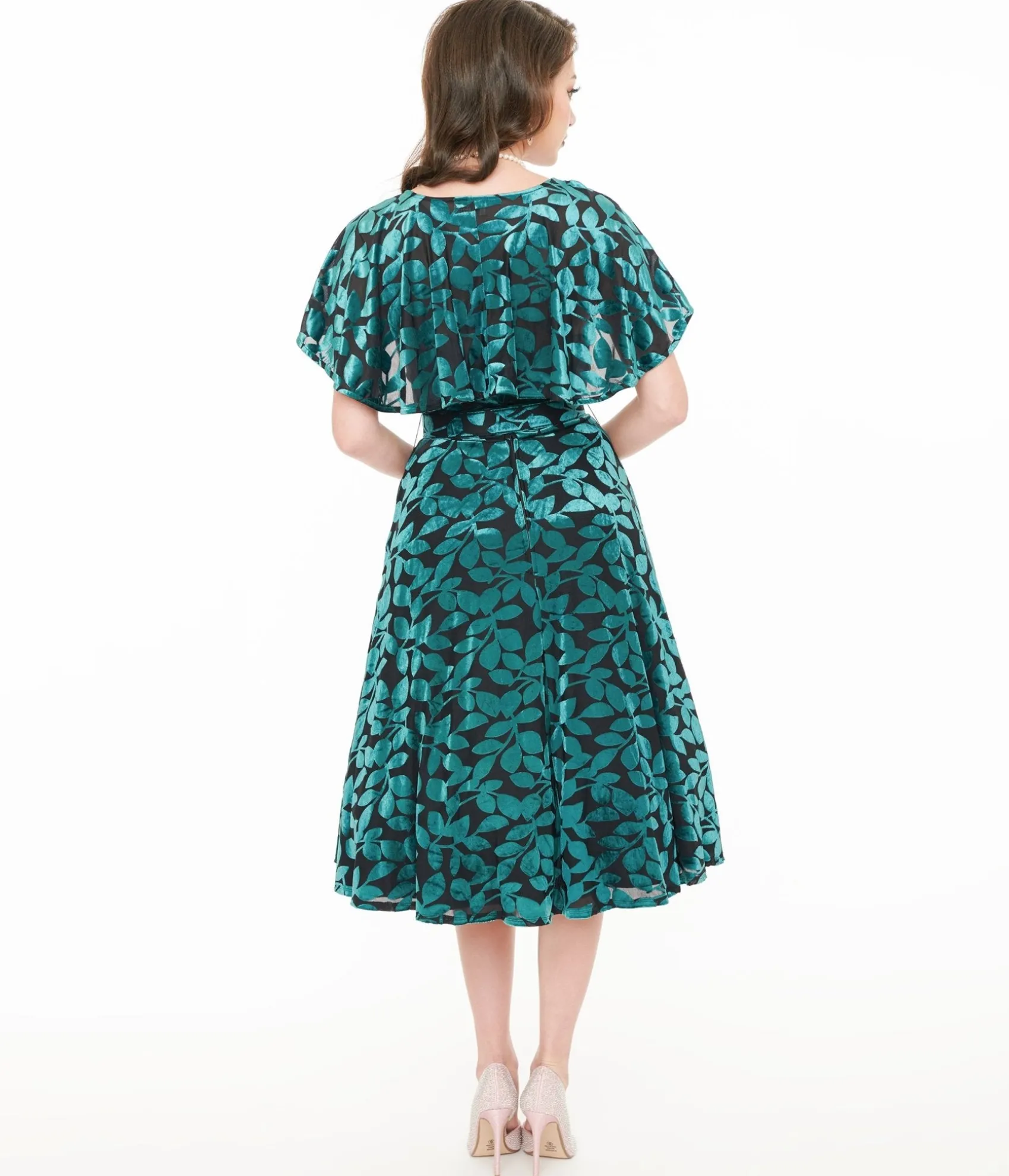 Unique Vintage 1950s Teal & Black Velvet Burnout Capelet Swing Dress Clearance