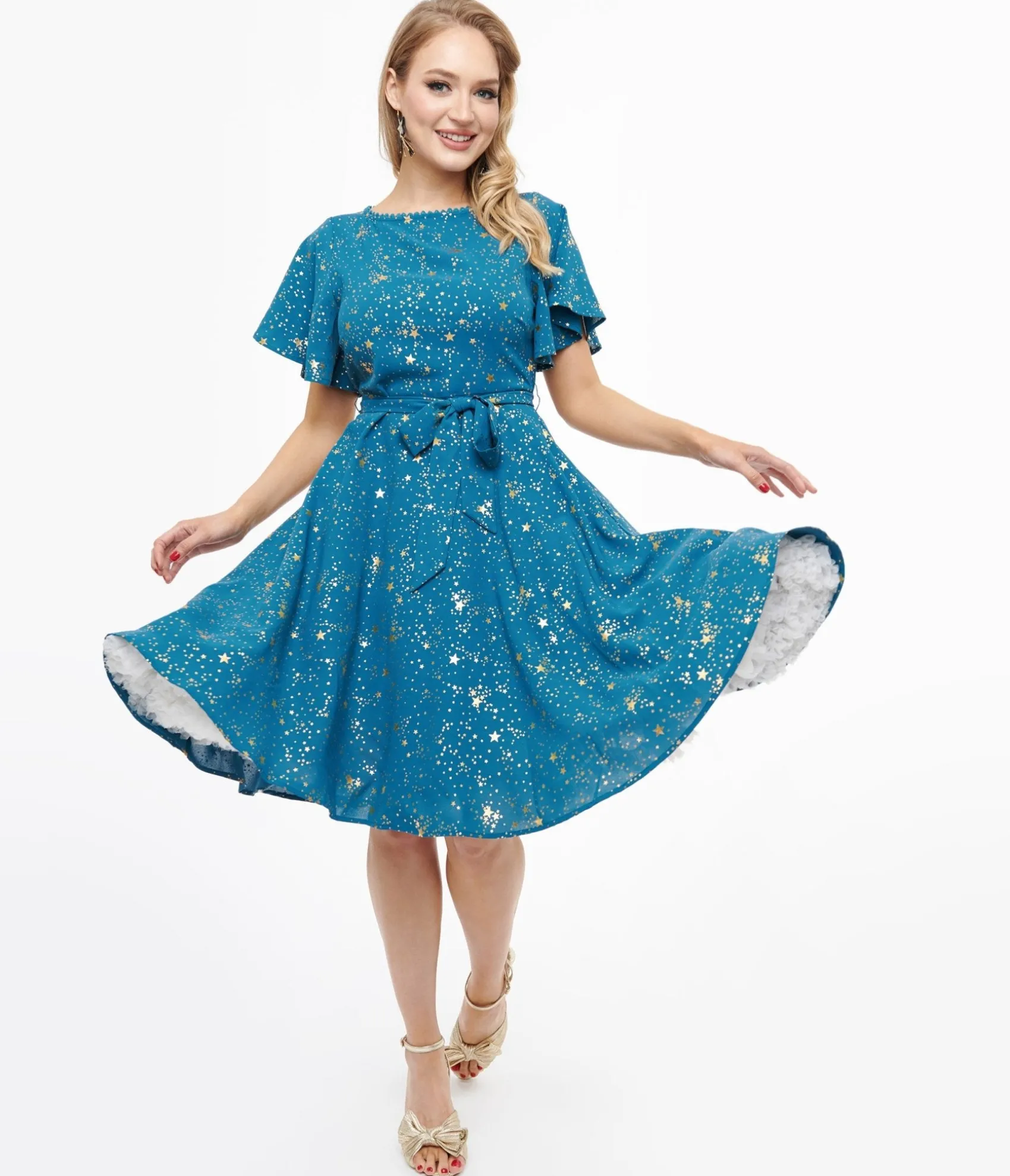 Unique Vintage 1930s Teal & Gold Star Swing Dress Store