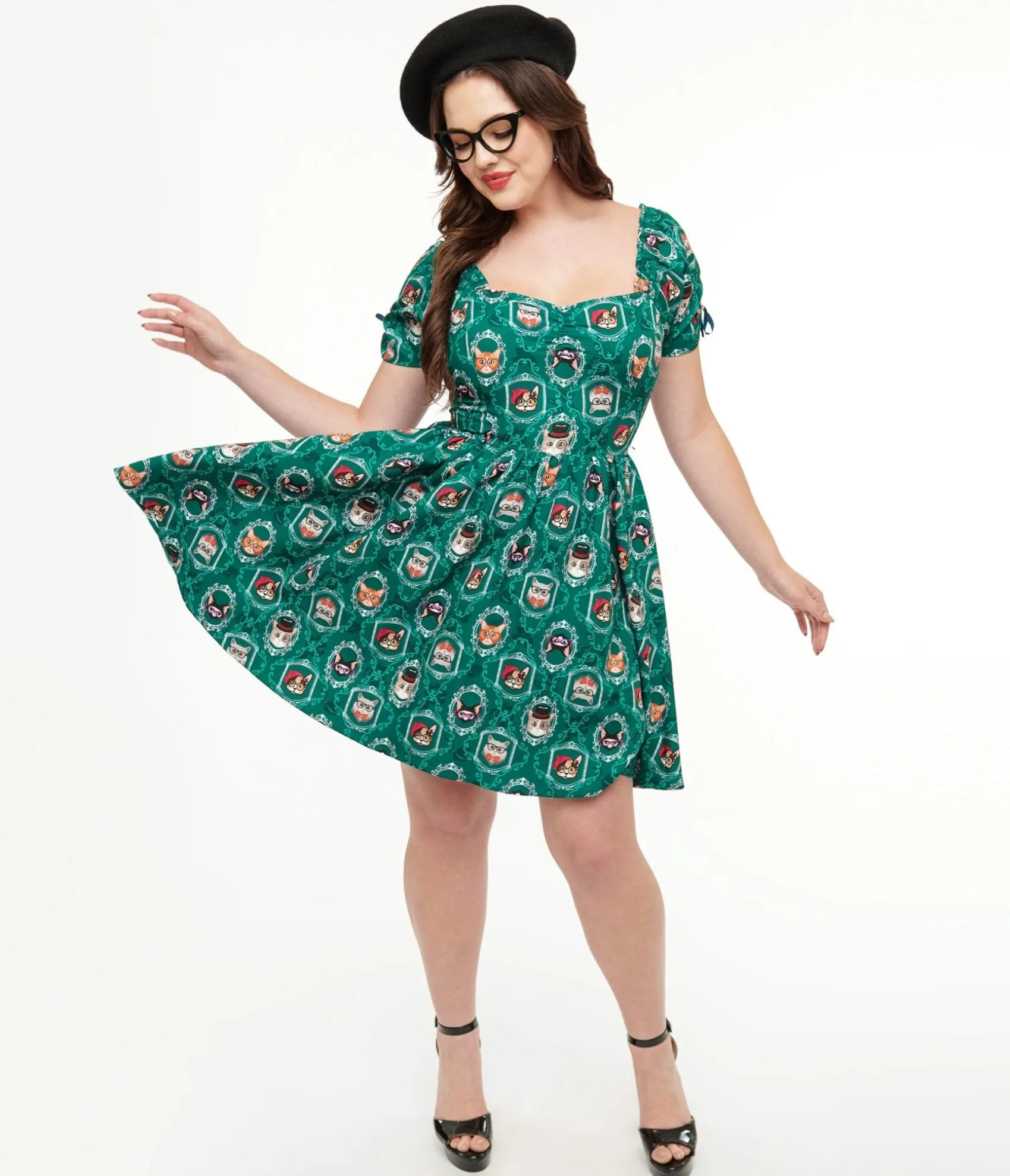 Unique Vintage 1950s Teal Cat Print Swing Dress Outlet
