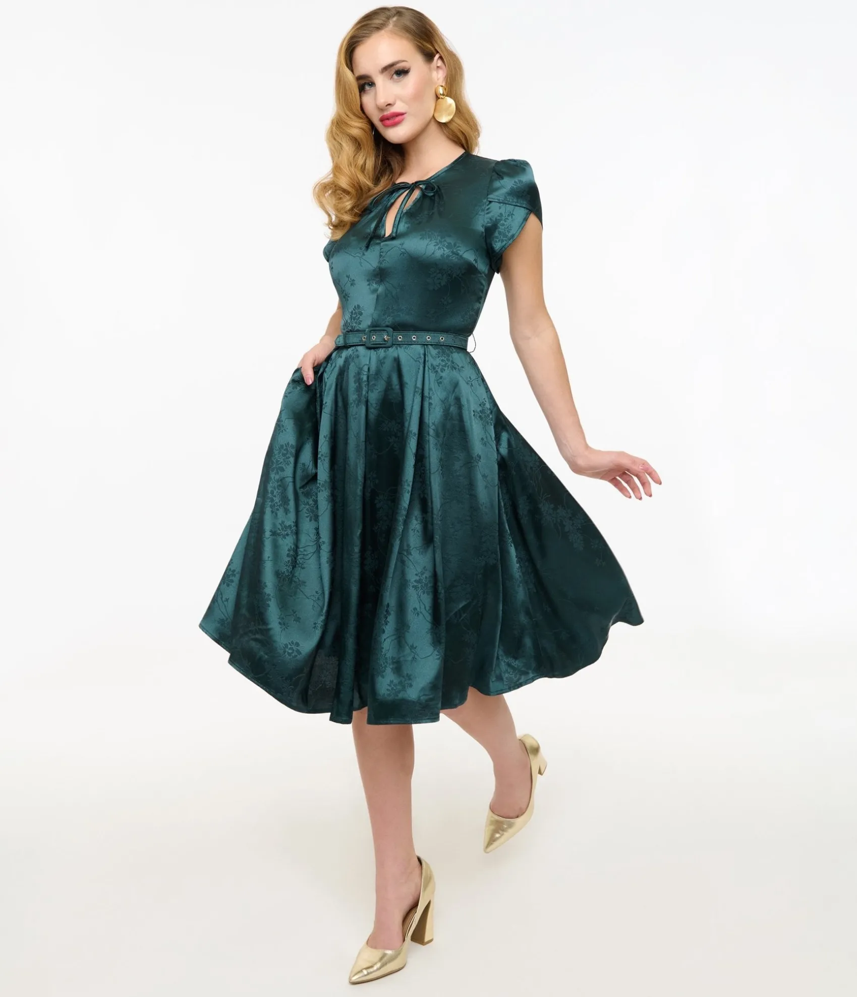 Unique Vintage 1940s Teal Floral Print Dahlia Swing Dress New