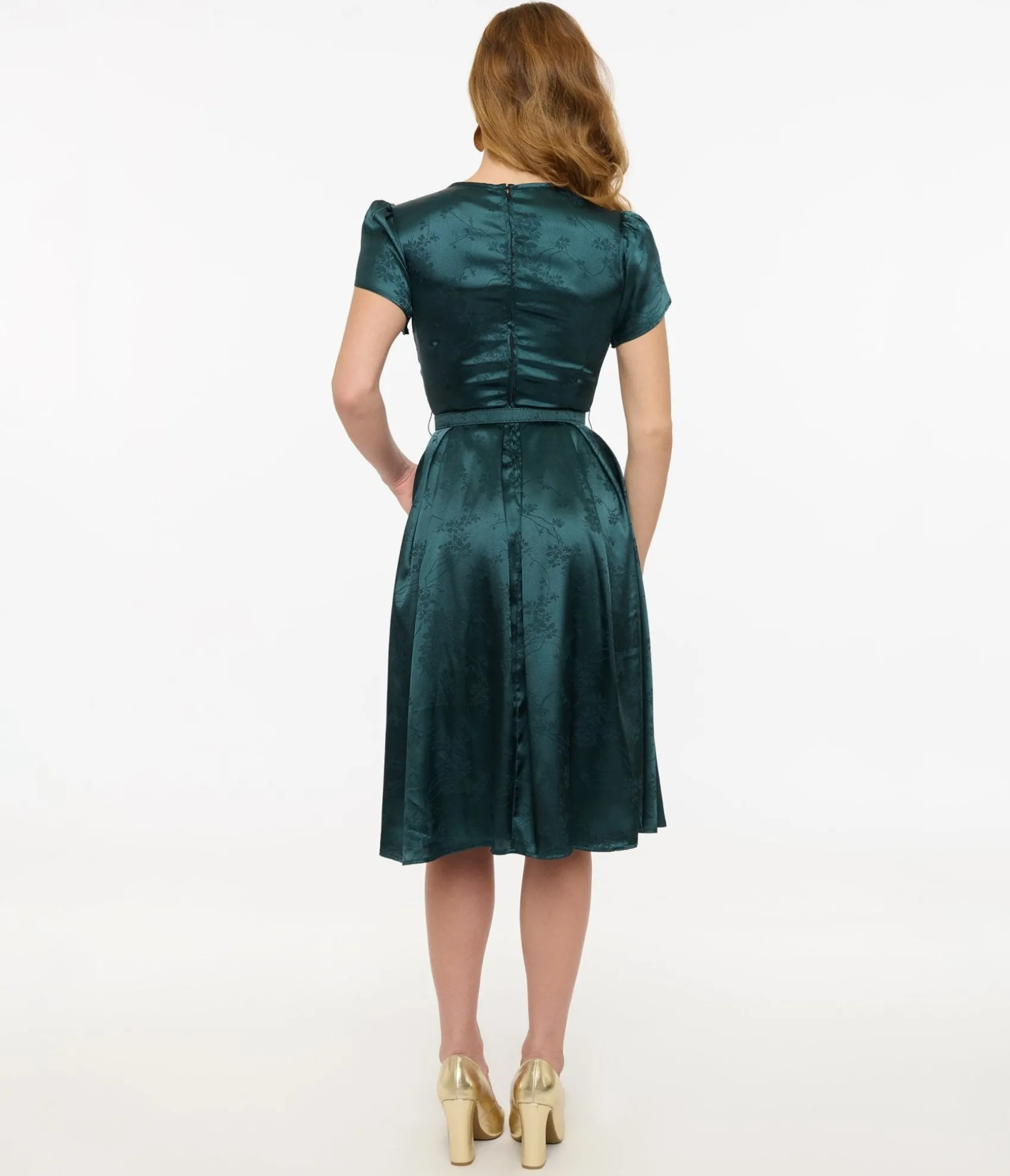 Unique Vintage 1940s Teal Floral Print Dahlia Swing Dress New