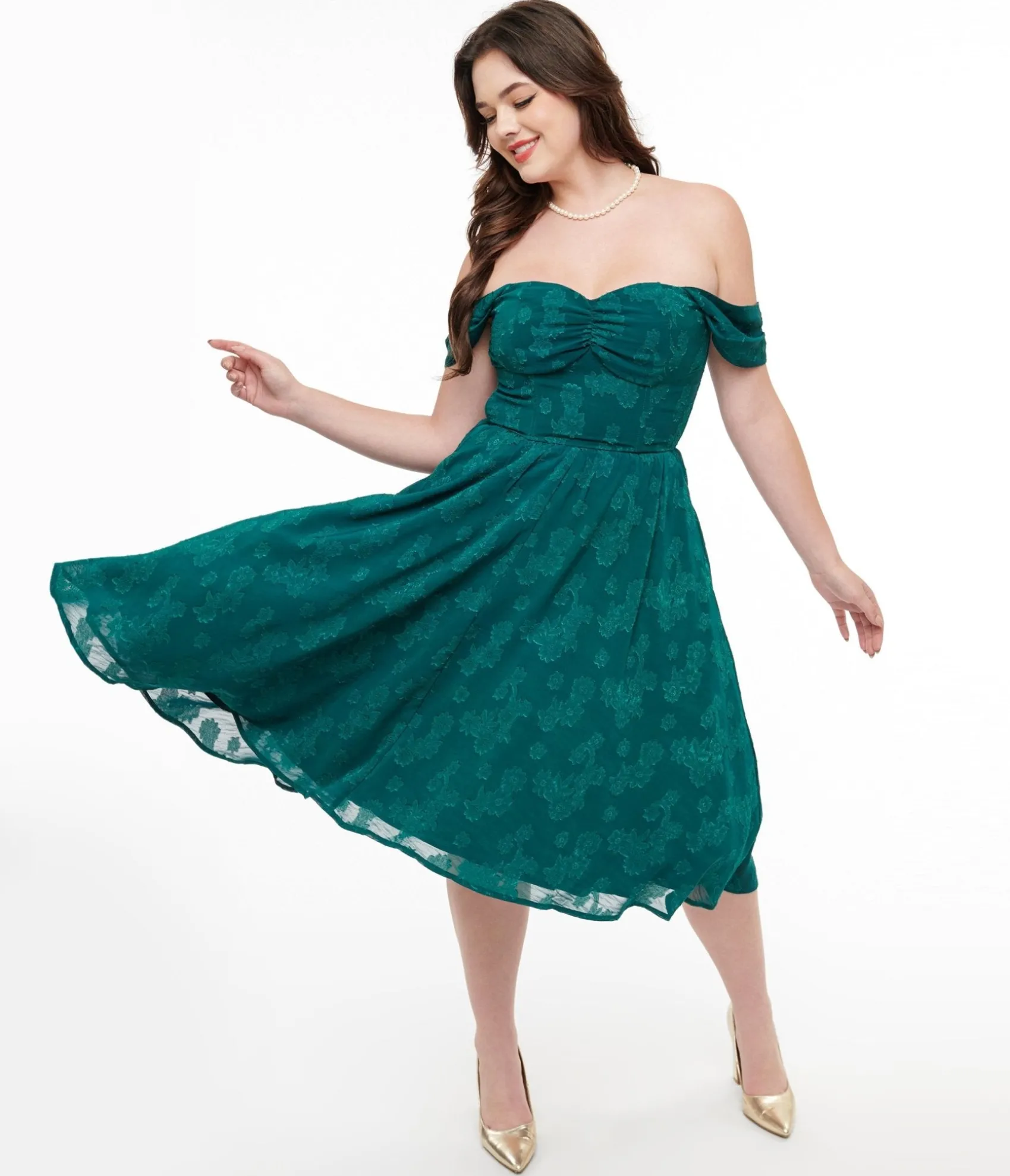 Unique Vintage 1950s Teal Jacquard Off Shoulder Flare Dress Sale