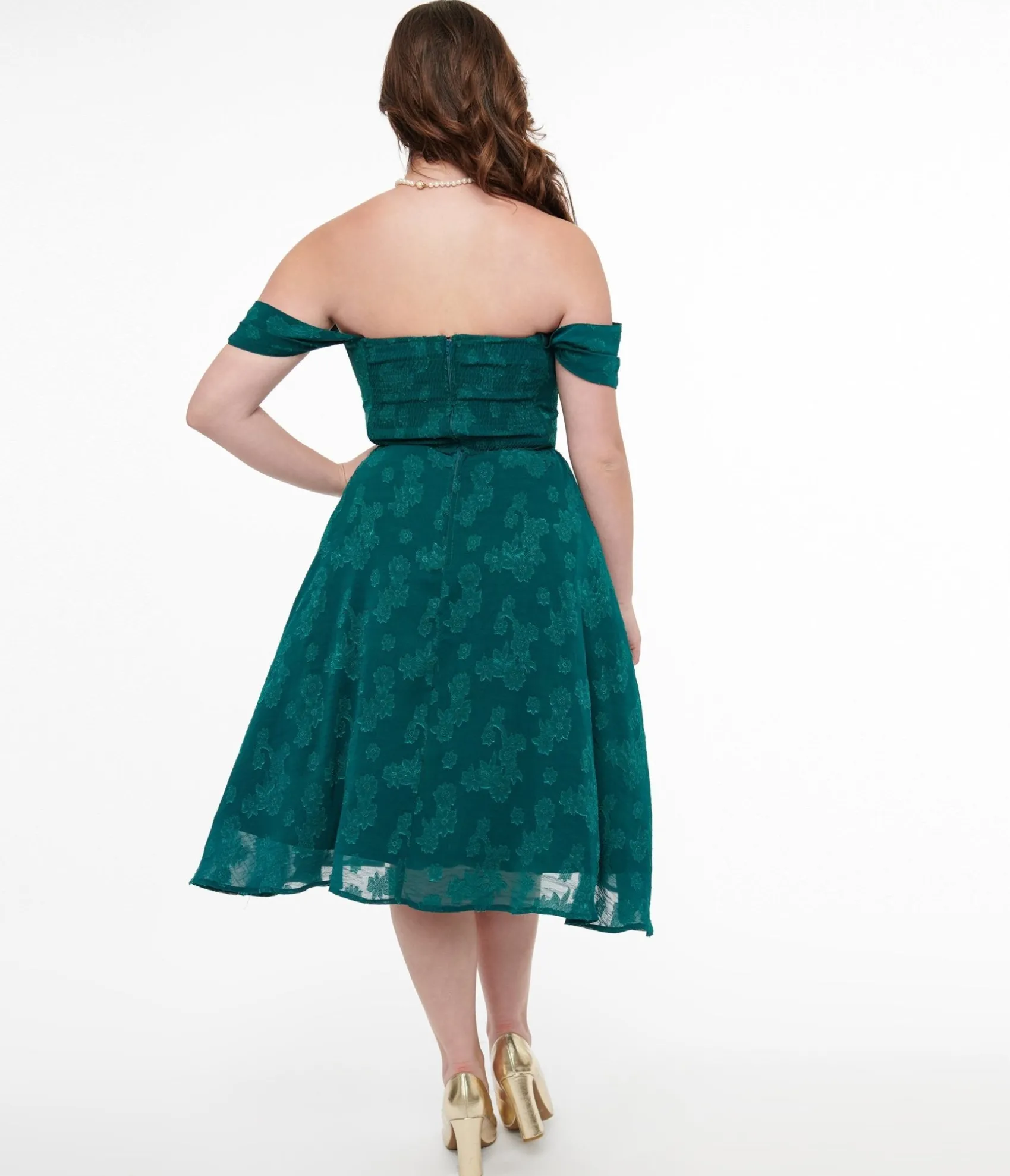 Unique Vintage 1950s Teal Jacquard Off Shoulder Flare Dress Sale