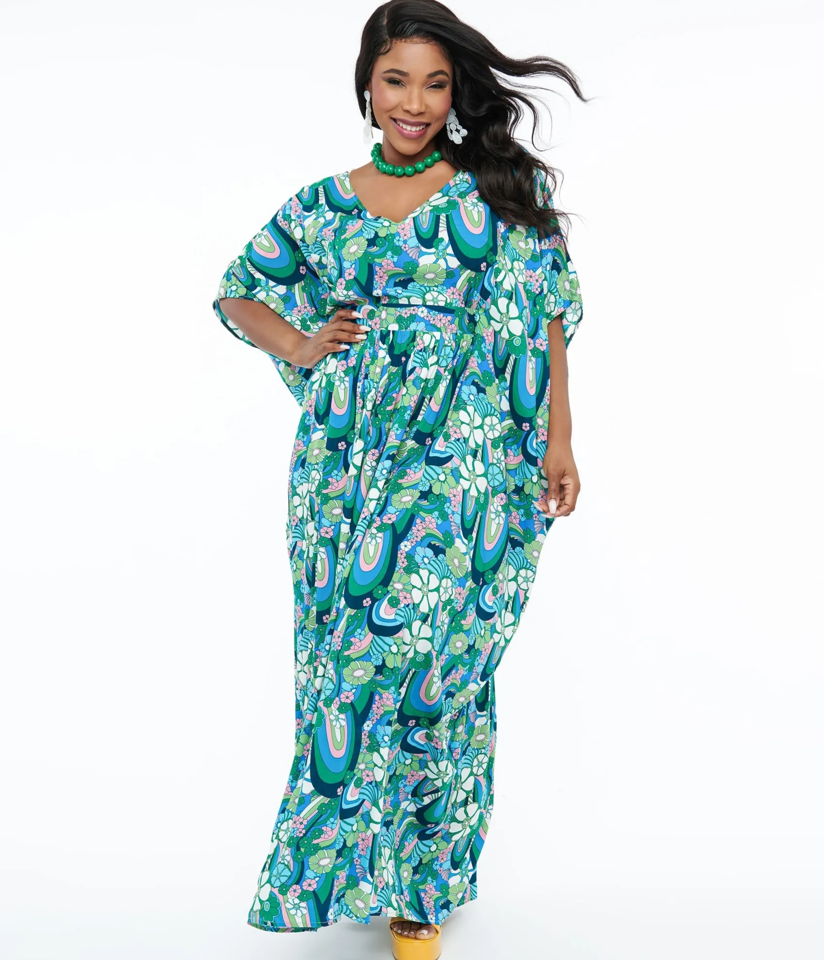 Unique Vintage 1970s Teal Psychedelic Floral Burton Caftan Dress Clearance