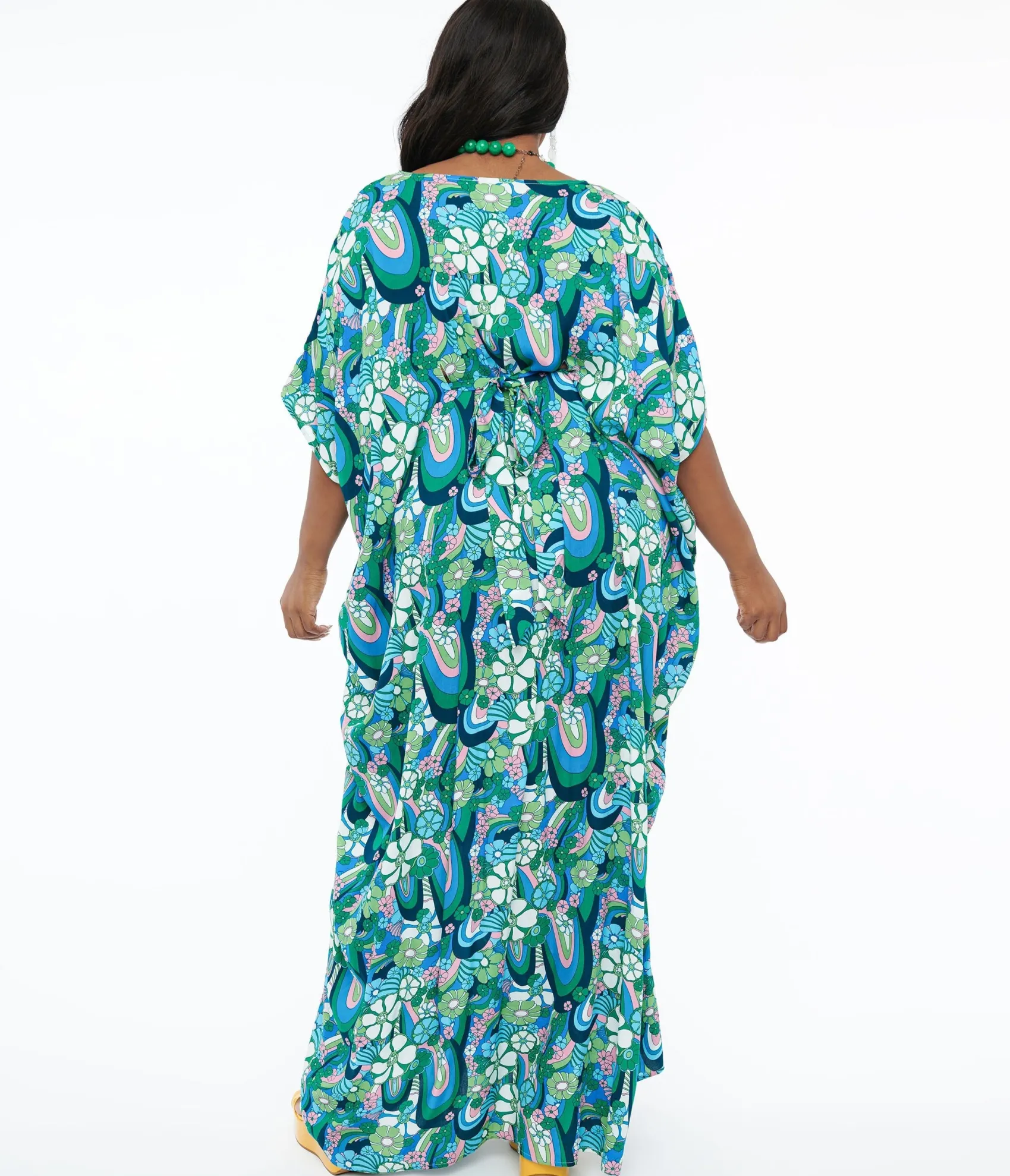Unique Vintage 1970s Teal Psychedelic Floral Burton Caftan Dress Clearance