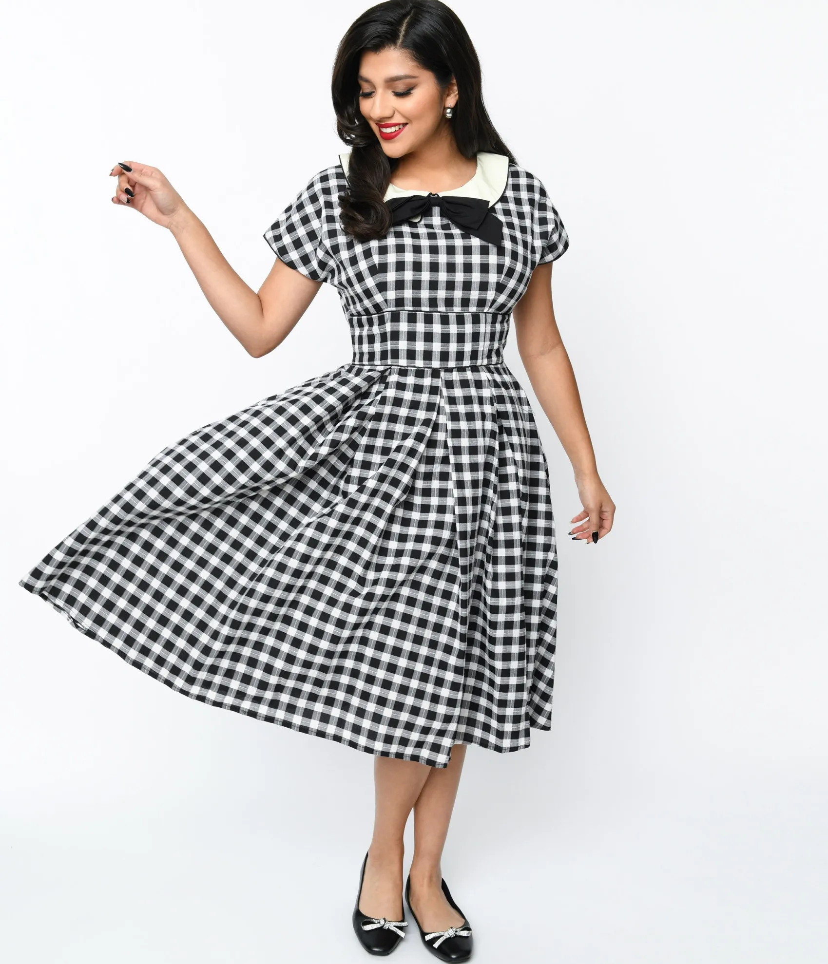 Unique Vintage 1950s White & Black Gingham Swing Dress Best