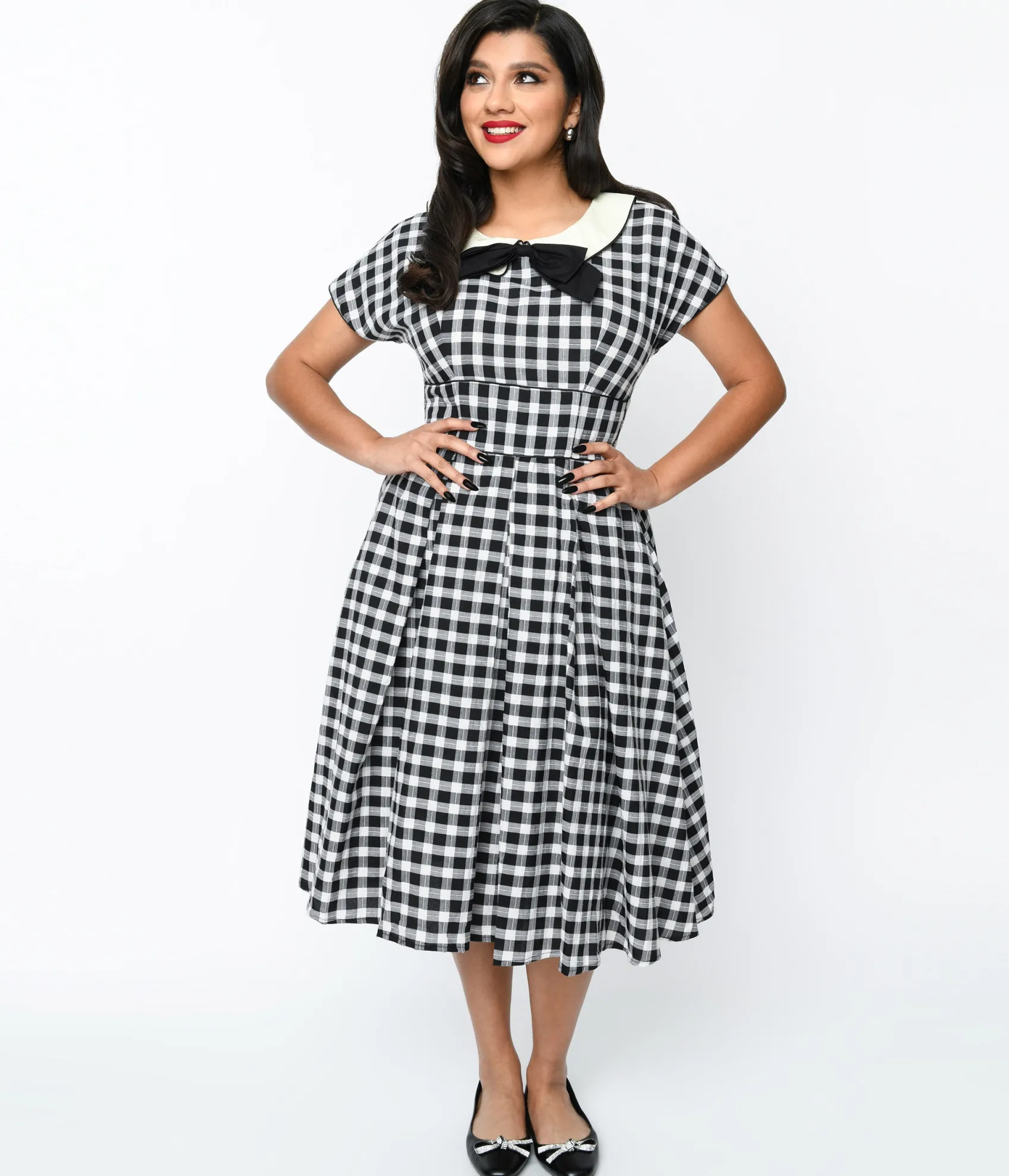 Unique Vintage 1950s White & Black Gingham Swing Dress Best