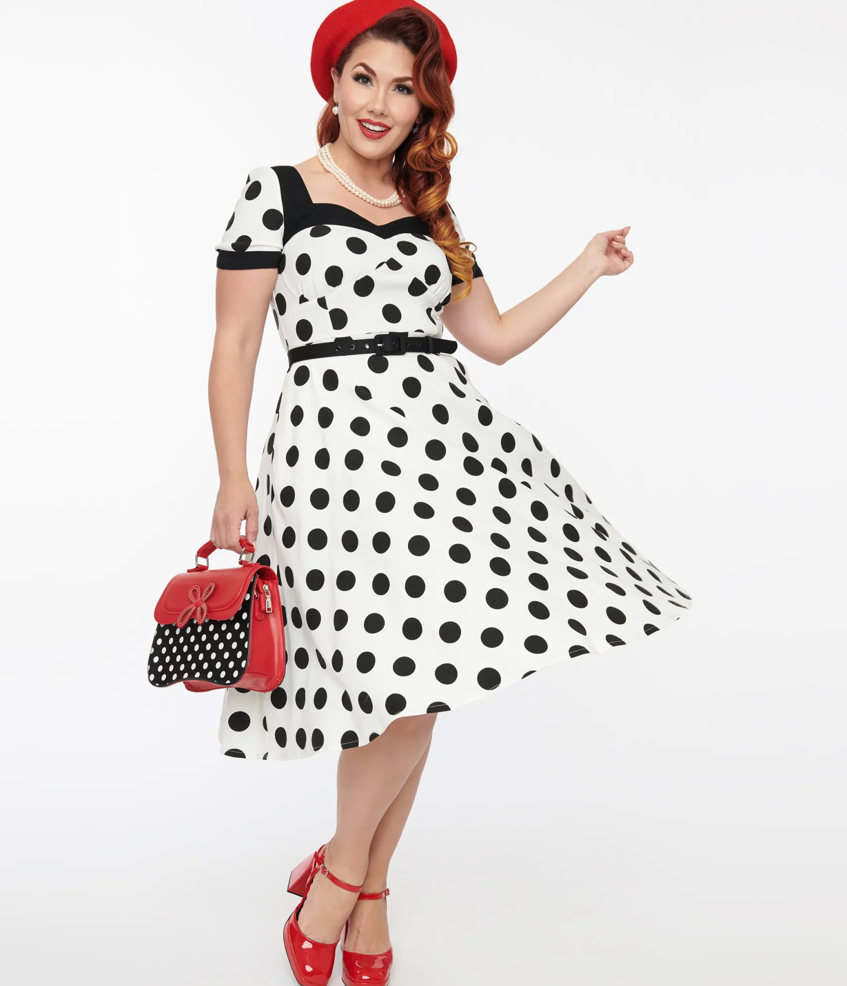 Unique Vintage 1950s White & Black Polka Dot Swing Dress Cheap