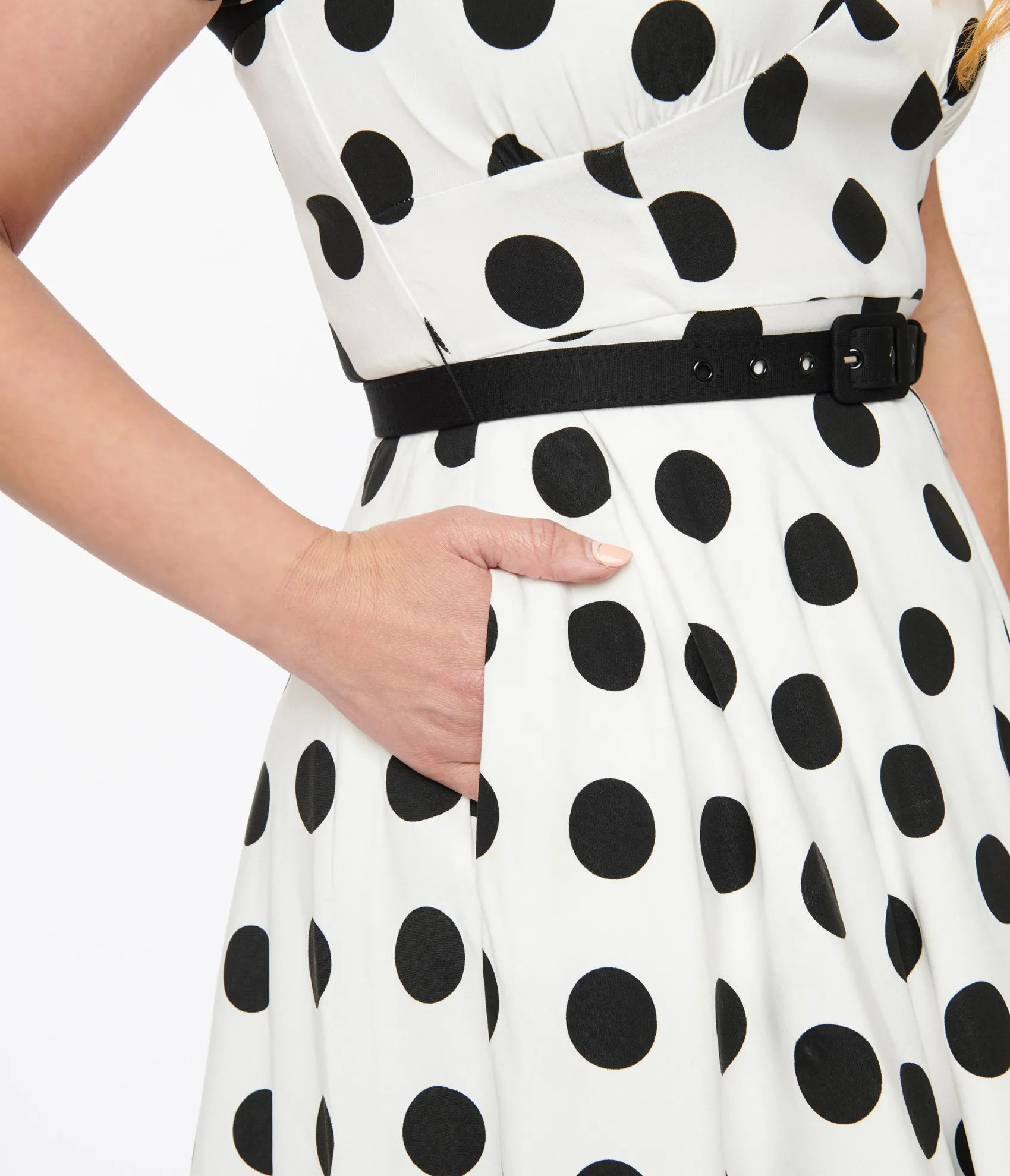 Unique Vintage 1950s White & Black Polka Dot Swing Dress Cheap