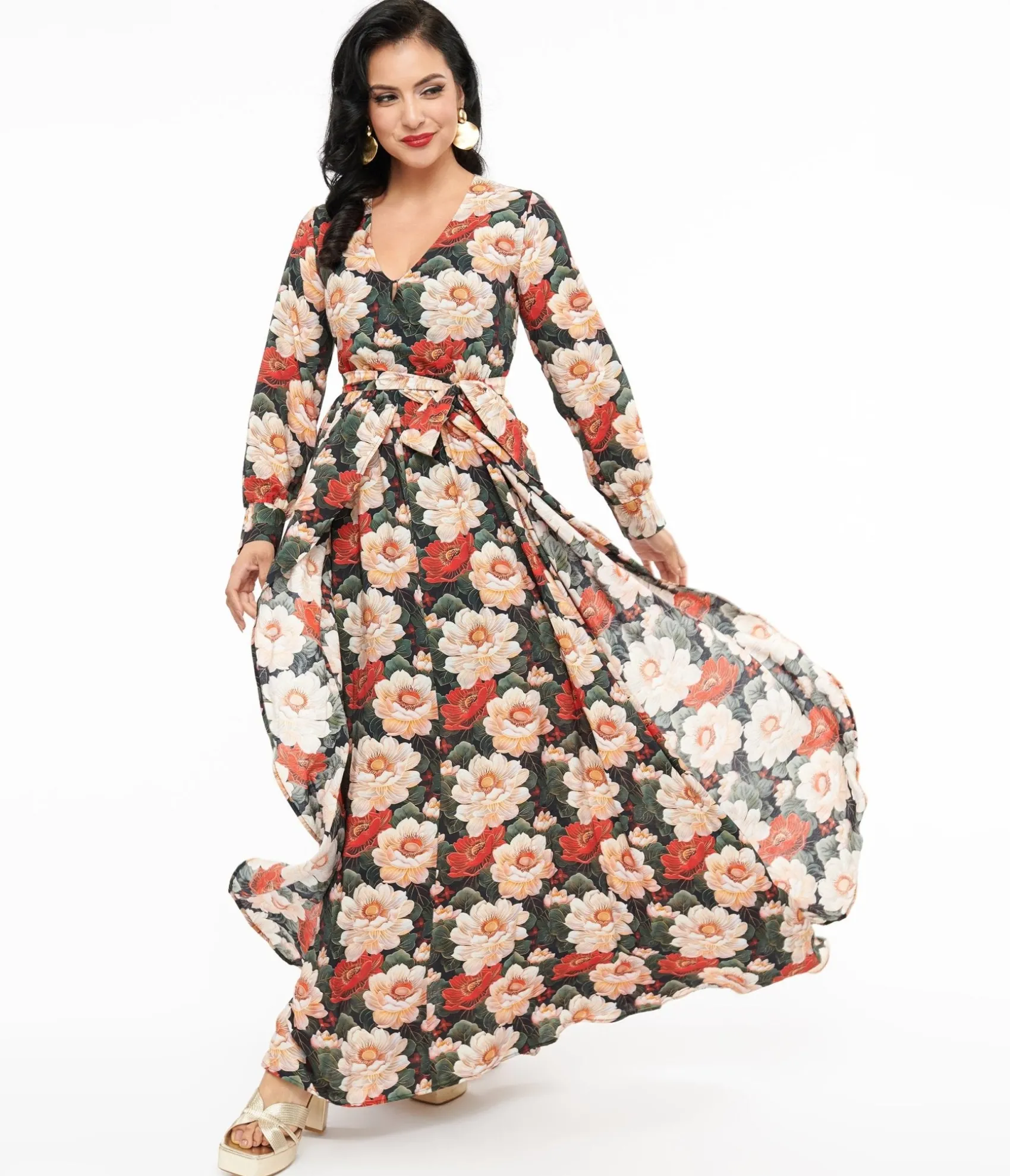 Unique Vintage 1970s White & Red Floral Farrah Maxi Dress Cheap