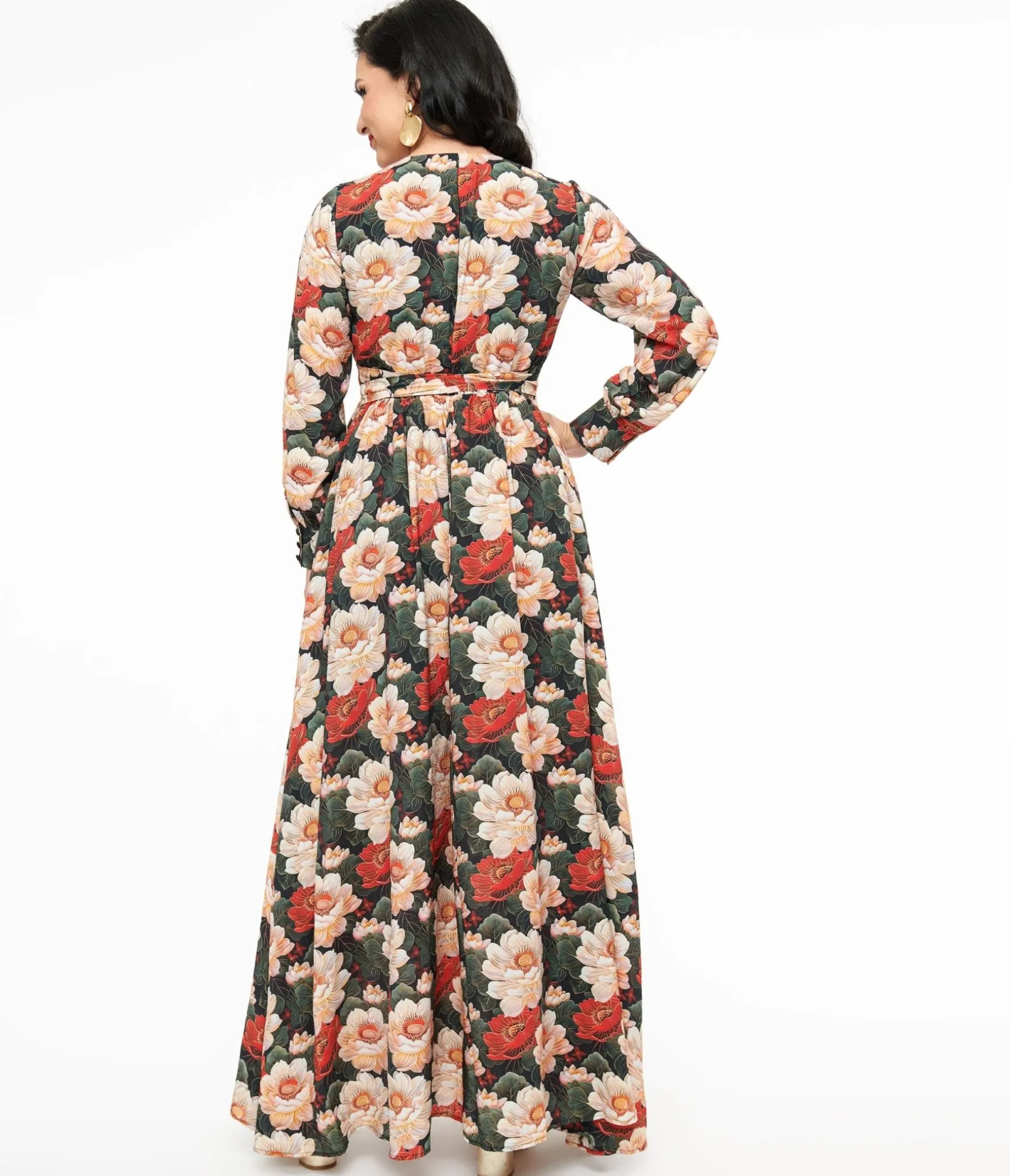 Unique Vintage 1970s White & Red Floral Farrah Maxi Dress Cheap