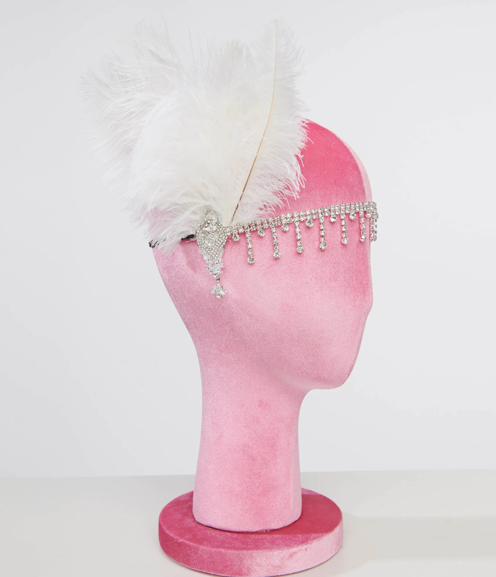 Unique Vintage 1920s White Feather & Silver Rhinestone Headband Clearance