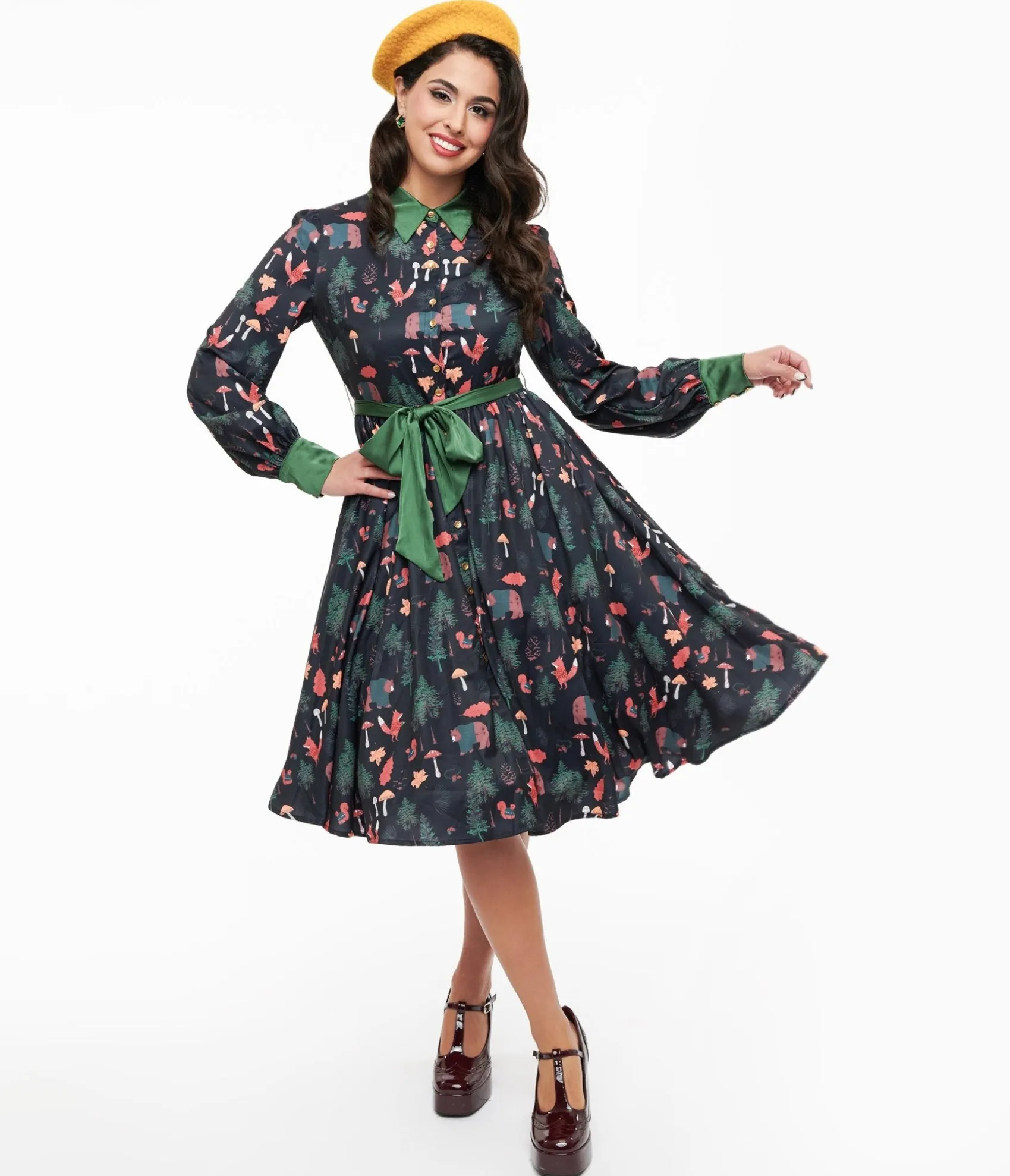 Unique Vintage 1970s Woodland Creature Print Shirt Dress Fashion