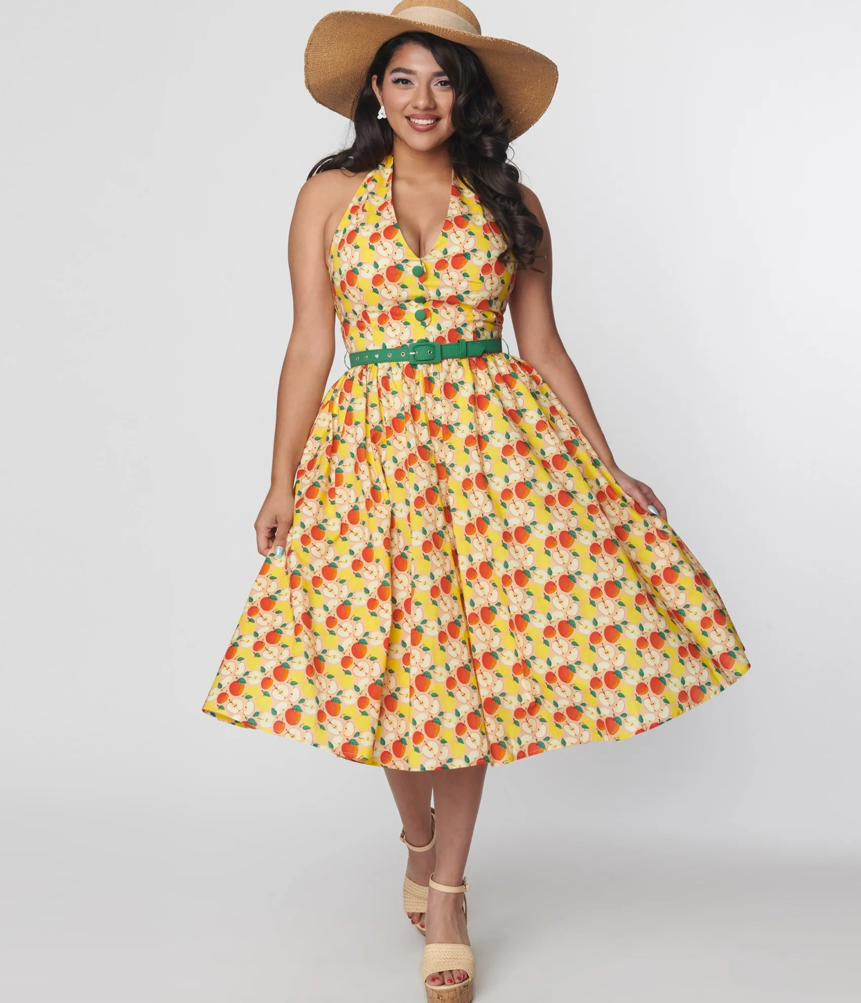 Unique Vintage 1950s Yellow & Red Apple Print Cotton Halter Swing Dress Discount