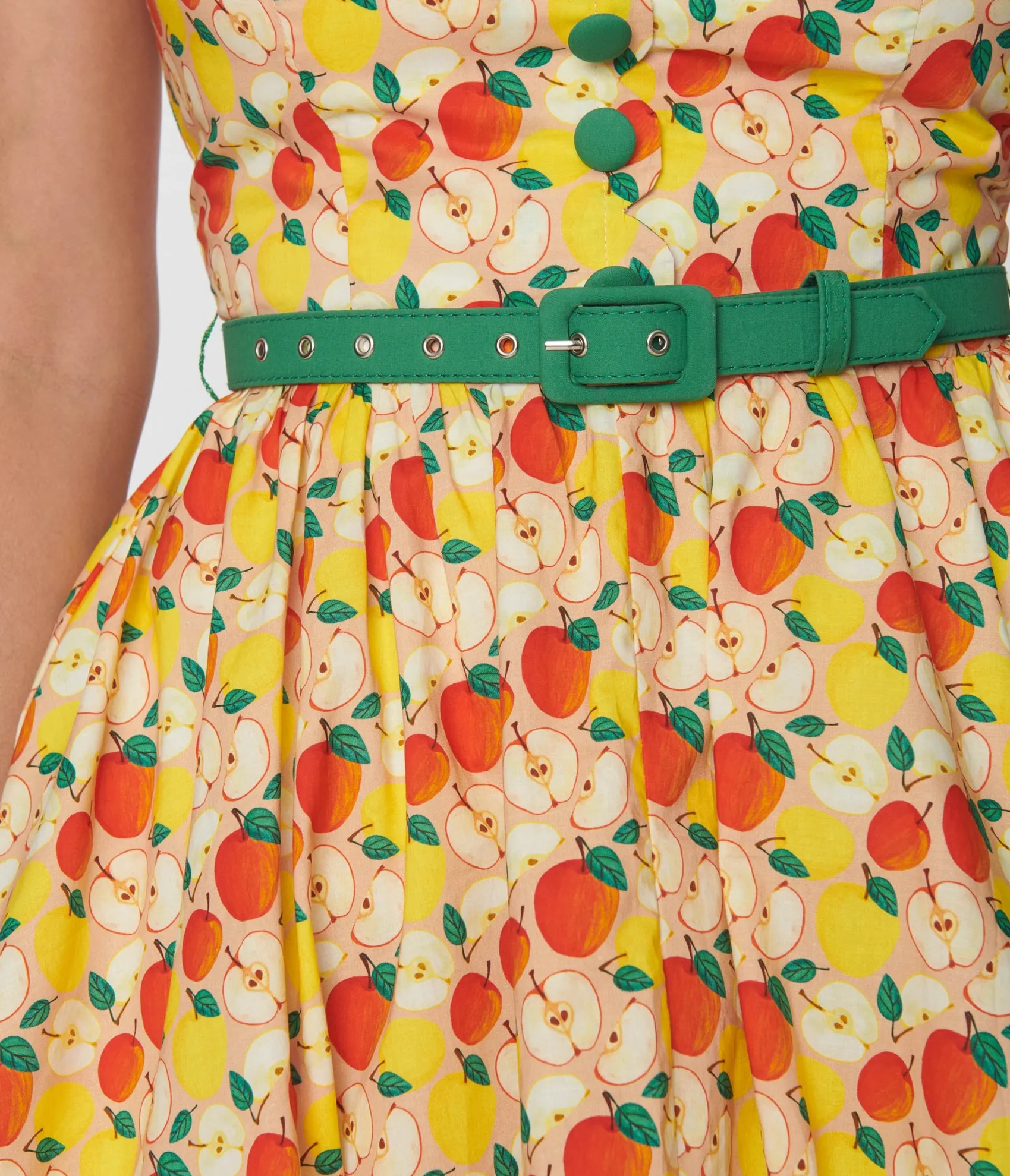 Unique Vintage 1950s Yellow & Red Apple Print Cotton Halter Swing Dress Discount