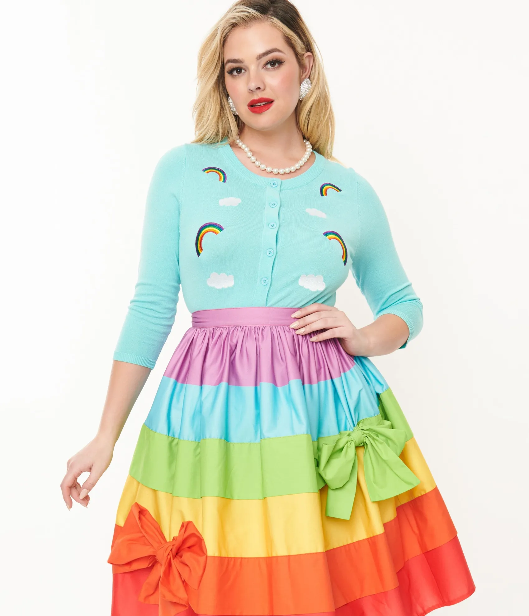 Unique Vintage Sky Blue & Rainbow Embroidered Bookworm Cardigan Cheap